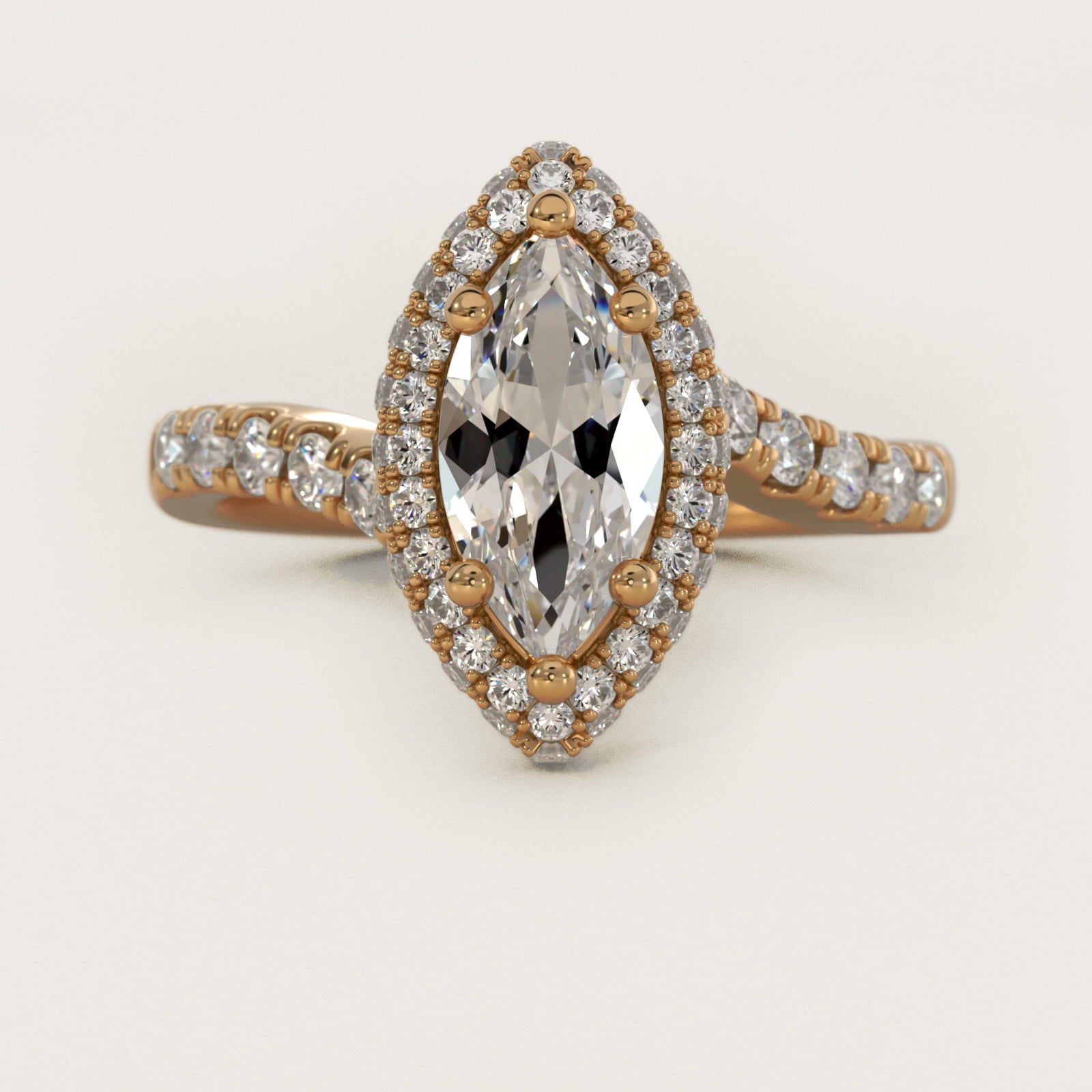Swirl Rollover Halo Diamond Engagement Ring in 18k Yellow Gold - Marquise Center