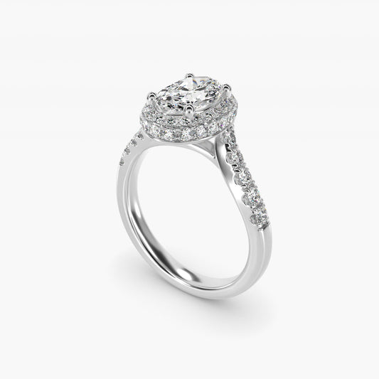 Swirl Rollover Halo Diamond Engagement Ring in 18k White Gold - Oval Center