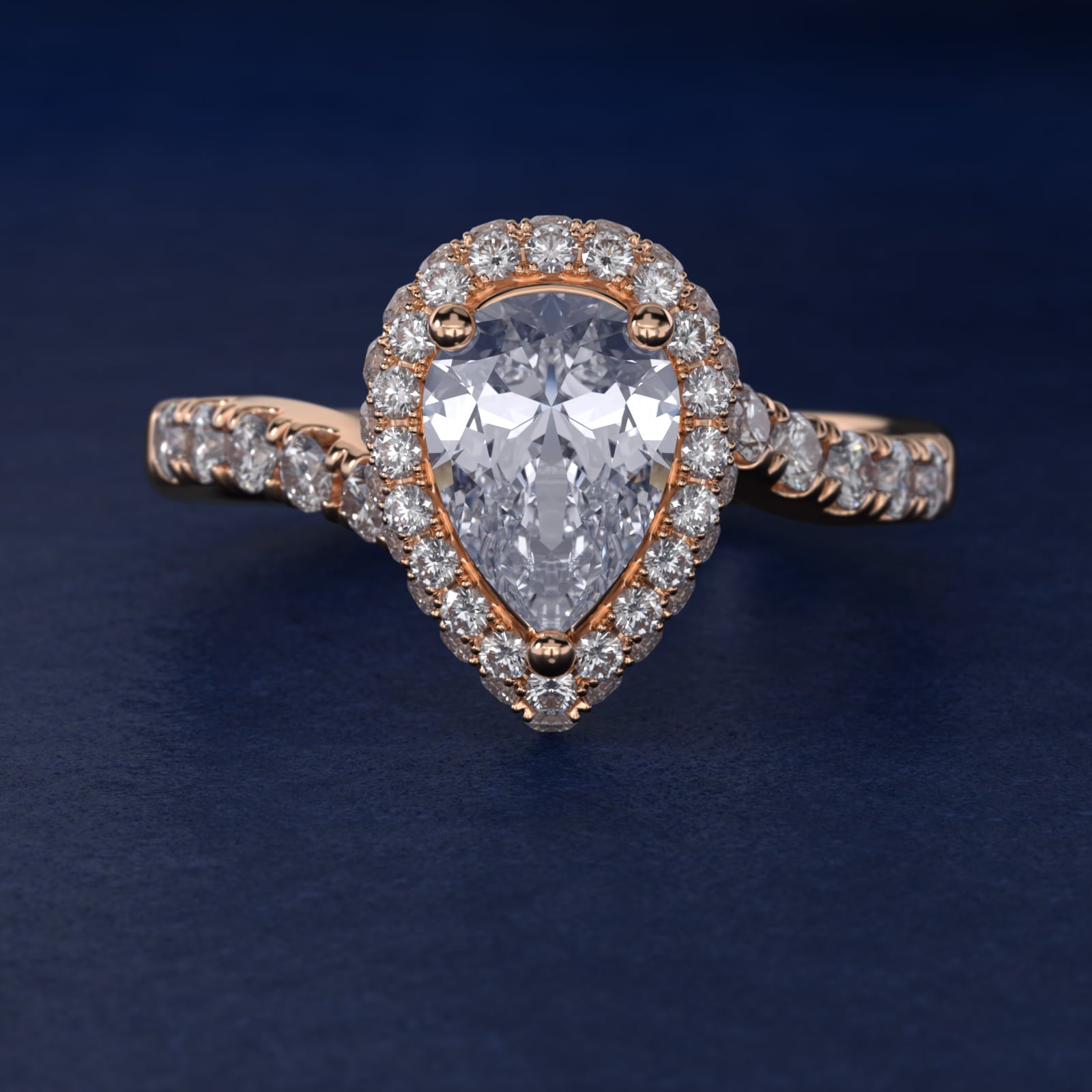 Swirl Rollover Halo Diamond Engagement Ring in 14k Rose Gold - Pear Center