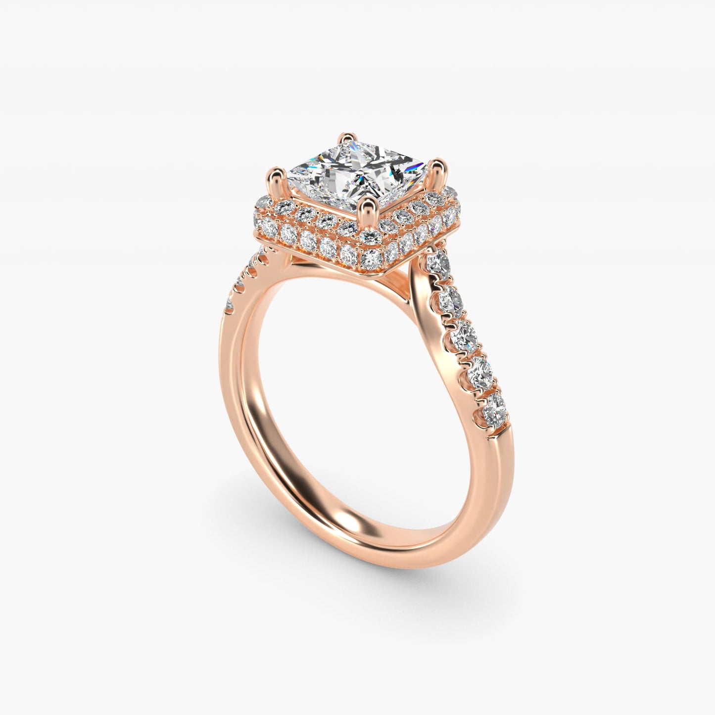 Swirl Rollover Halo Diamond Engagement Ring in 18k Rose Gold - Princess Center