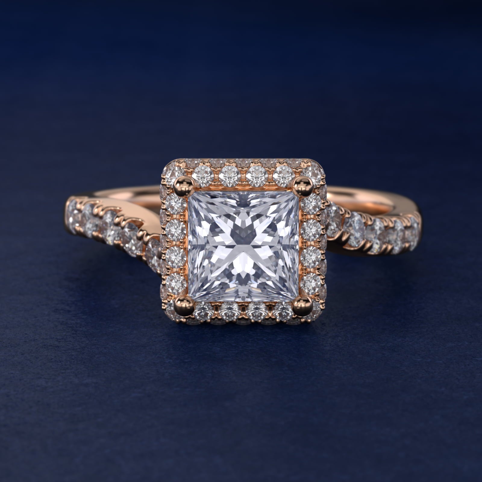 Swirl Rollover Halo Diamond Engagement Ring in 14k Rose Gold - Princess Center