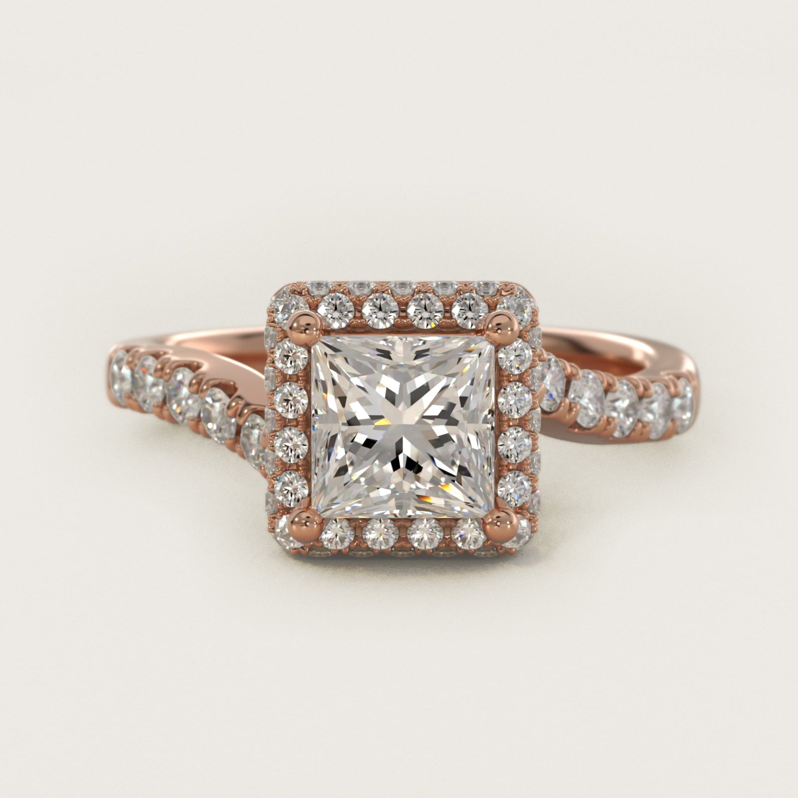 Swirl Rollover Halo Diamond Engagement Ring in 14k Rose Gold - Princess Center
