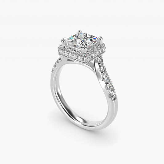 Swirl Rollover Halo Diamond Engagement Ring in 18k White Gold - Princess Center