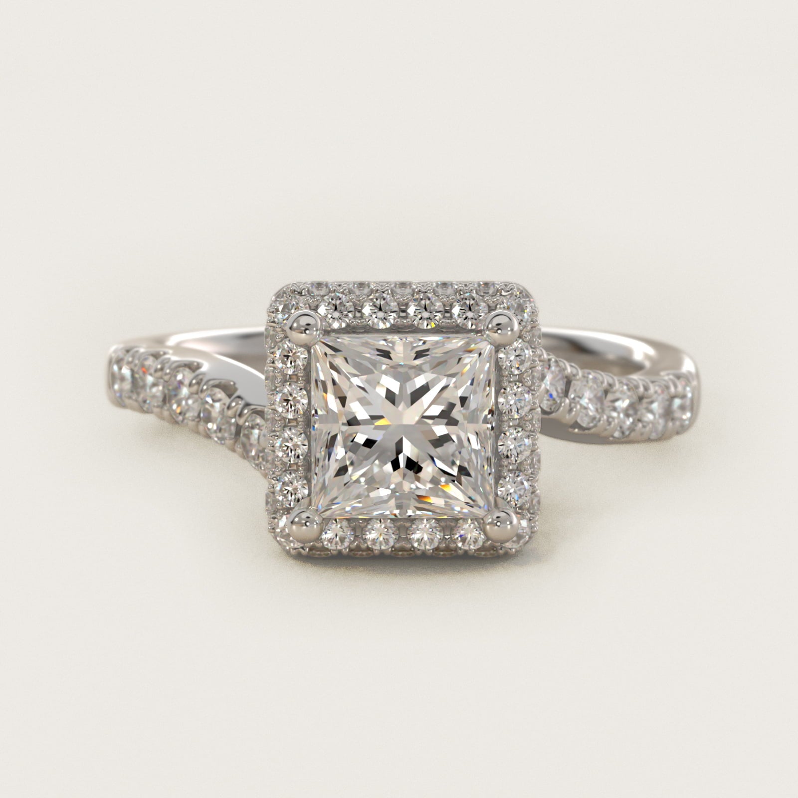 Swirl Rollover Halo Diamond Engagement Ring in 14k White Gold - Princess Center