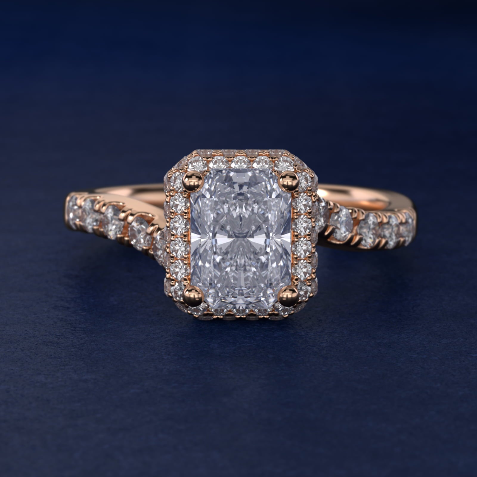 Swirl Rollover Halo Diamond Engagement Ring in 14k Rose Gold - Radiant Center