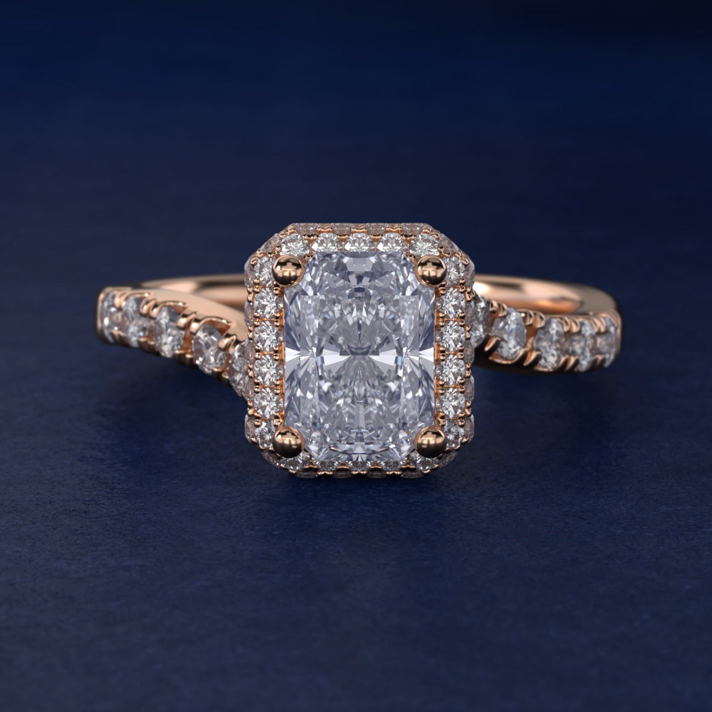 Swirl Rollover Halo Diamond Engagement Ring in 18k Rose Gold - Radiant Center