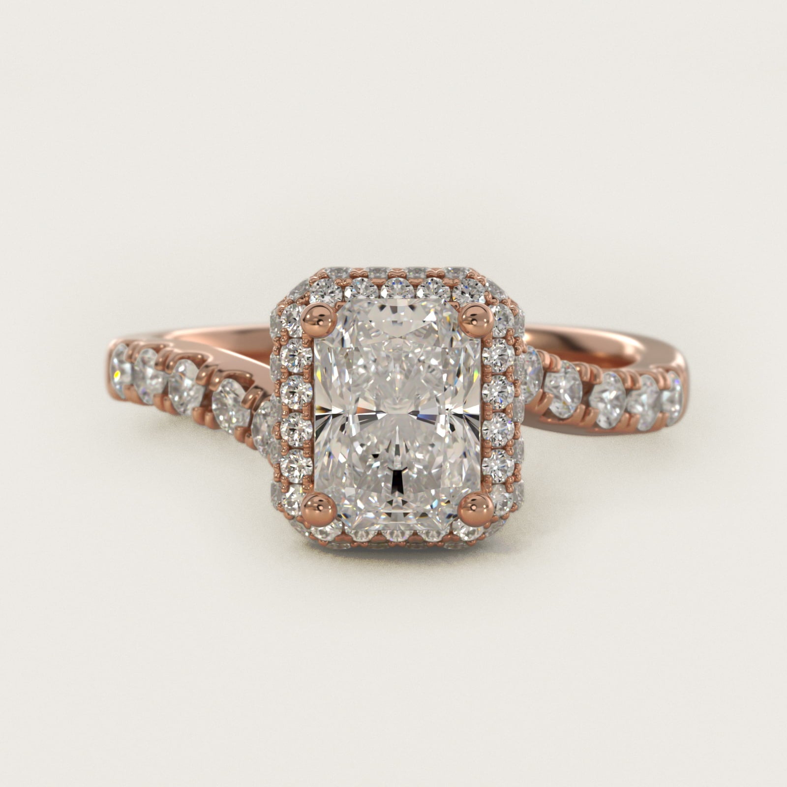 Swirl Rollover Halo Diamond Engagement Ring in 14k Rose Gold - Radiant Center