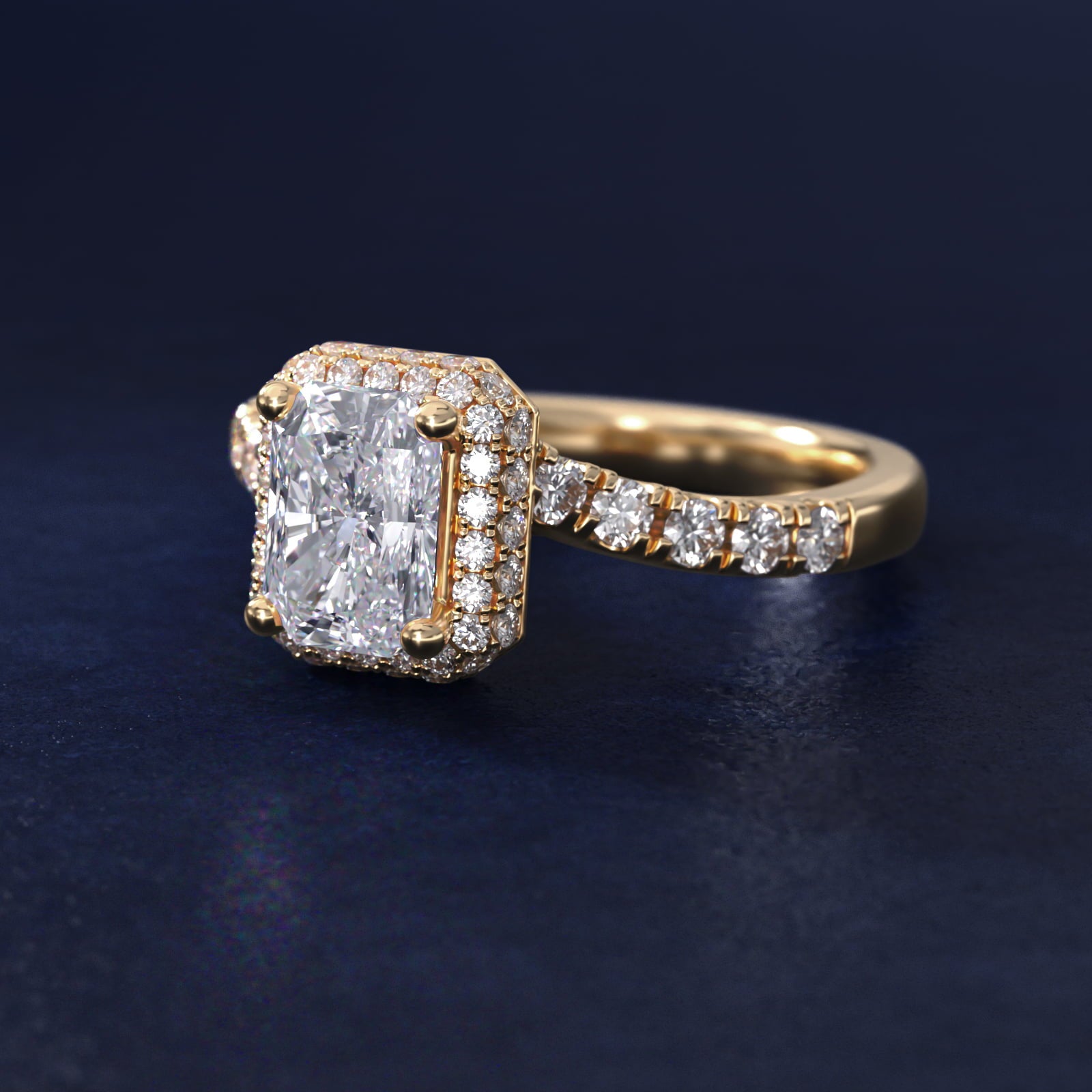 Swirl Rollover Halo Diamond Engagement Ring in 14k Yellow Gold - Radiant Center