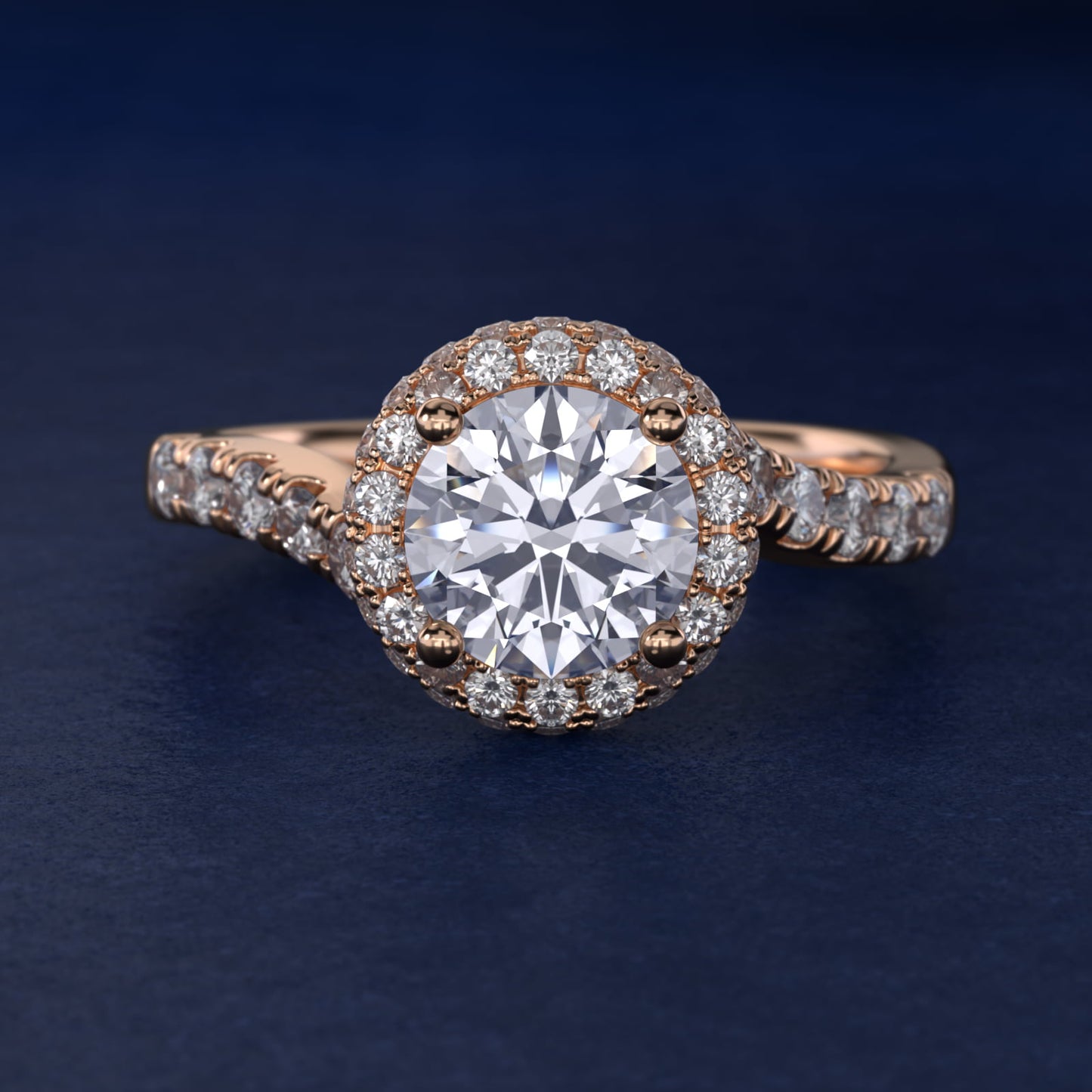 Swirl Rollover Halo Diamond Engagement Ring in 18k Rose Gold - Round Center