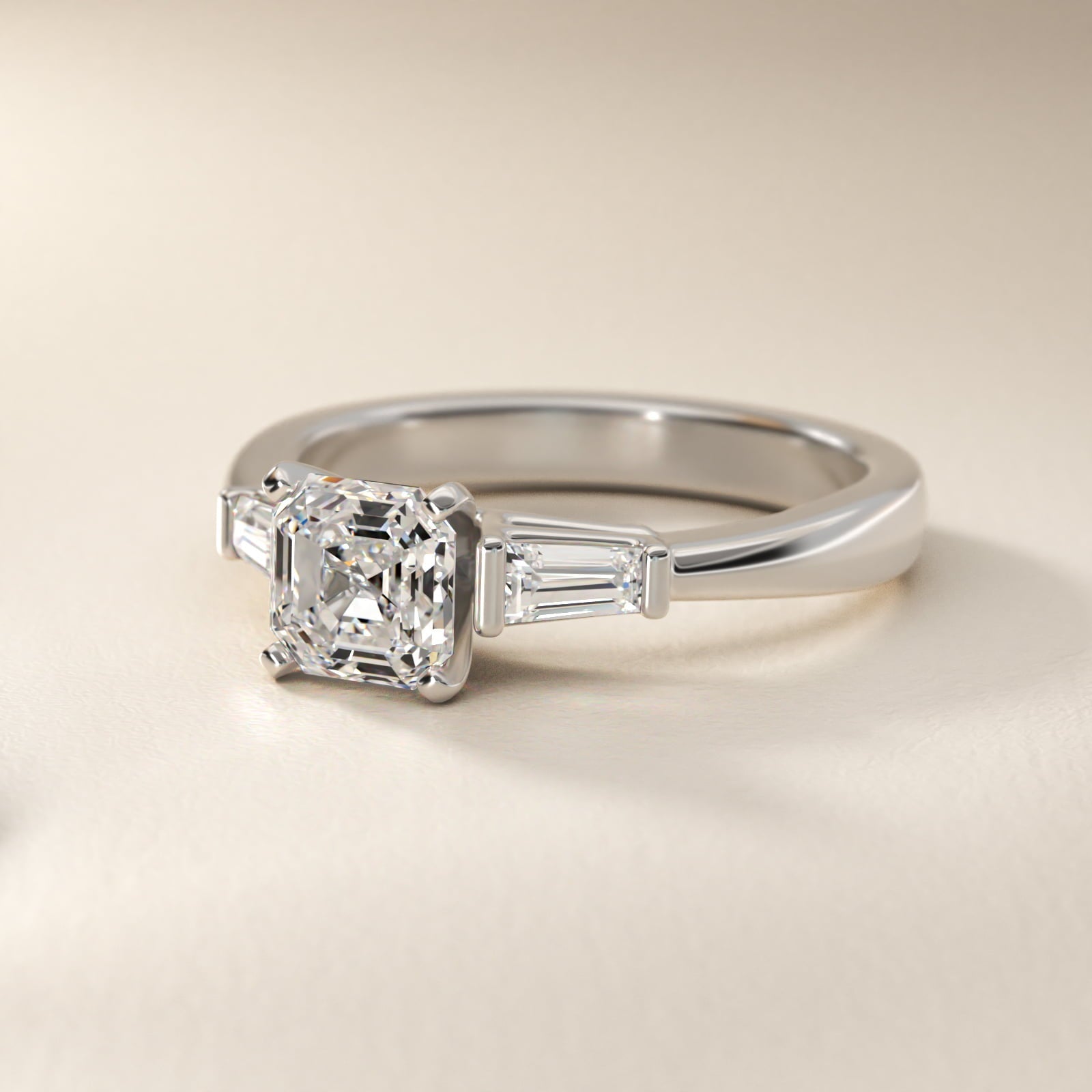 Tapered Baguette Diamond Engagement Ring in 18k White Gold - Asscher Center