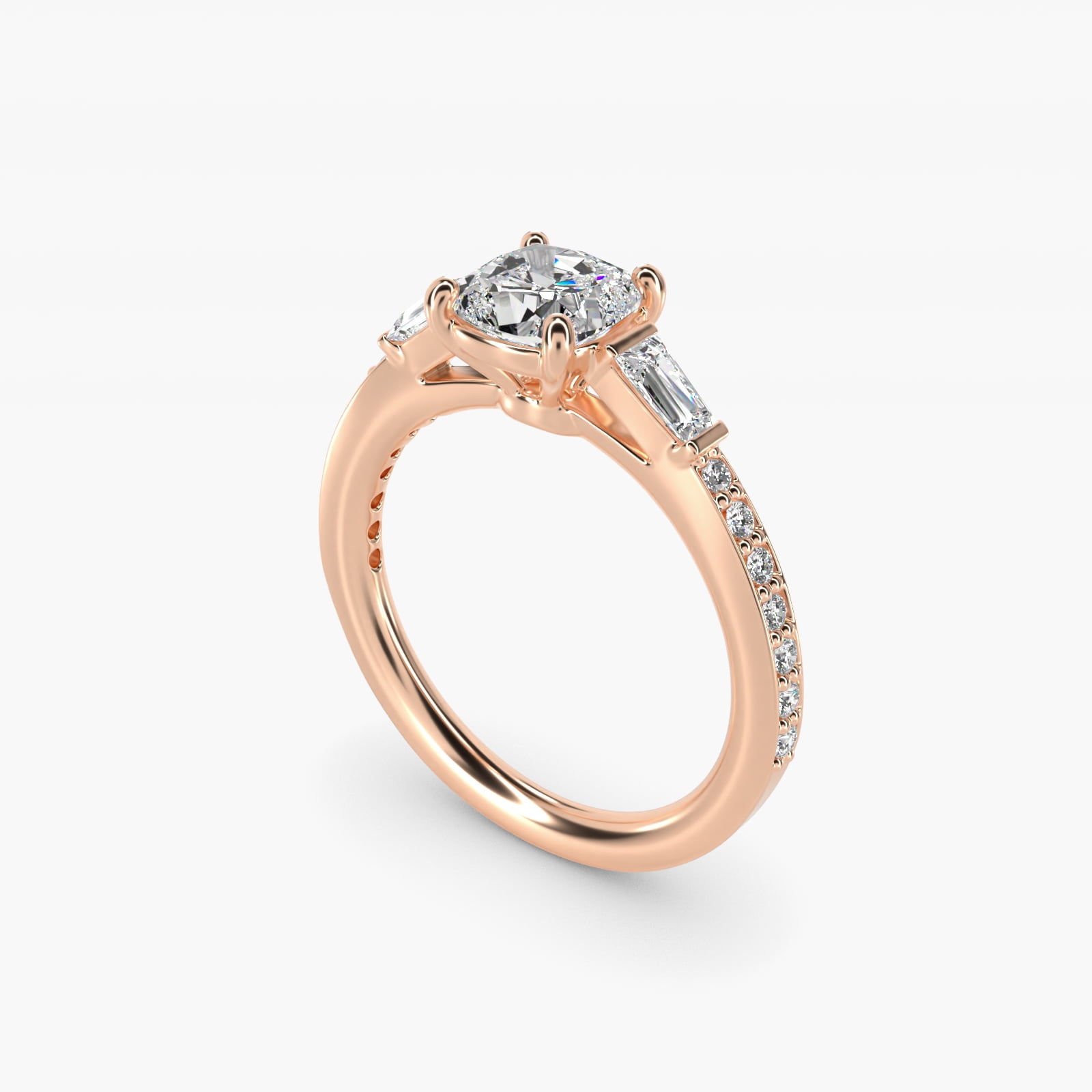 Tapered Baguette Diamond Cathedral Engagement Ring in 18k Rose Gold (1/3 ct. tw.) - Cushion Center