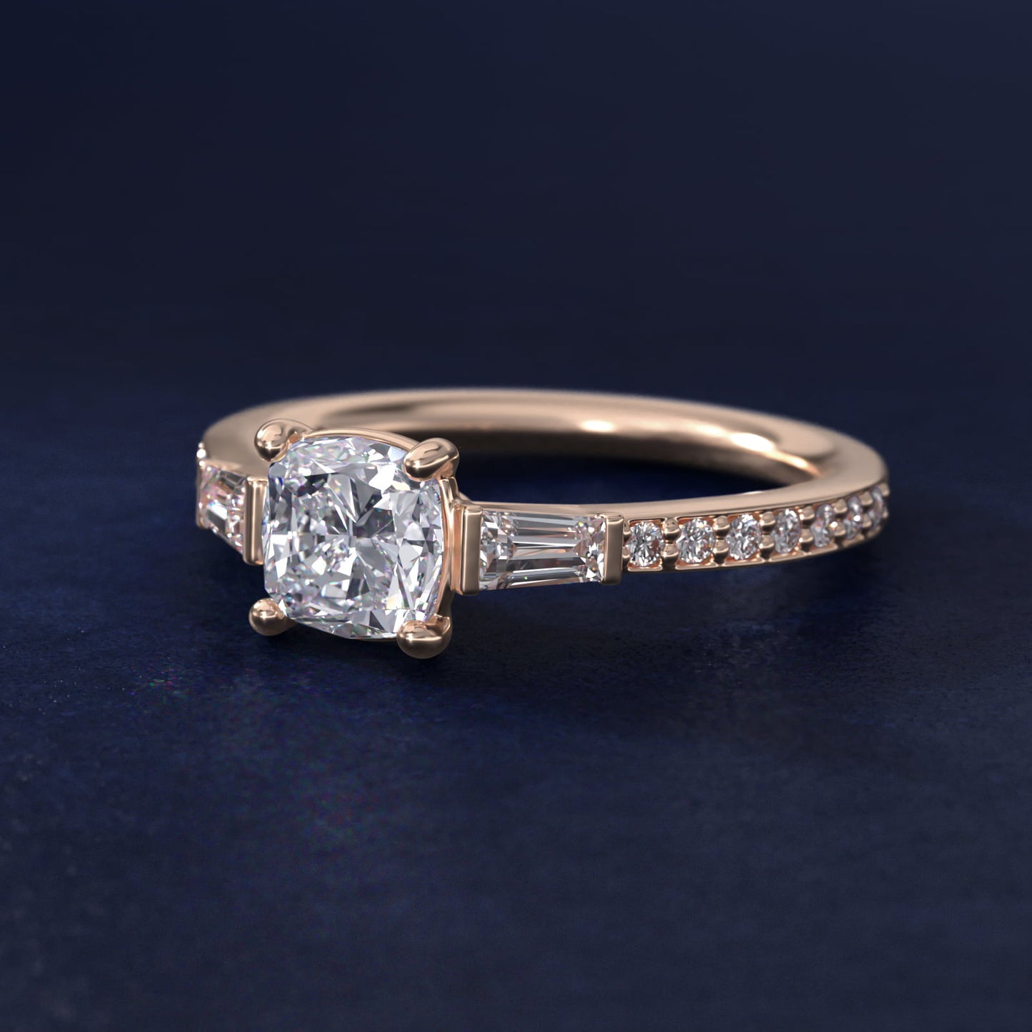 Tapered Baguette Diamond Cathedral Engagement Ring in 18k Rose Gold (1/3 ct. tw.) - Cushion Center