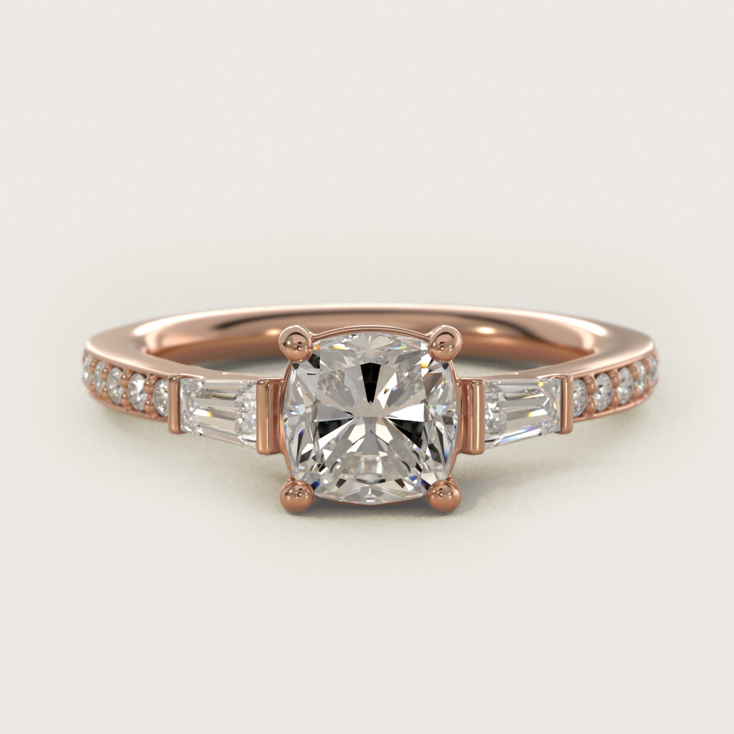 Tapered Baguette Diamond Cathedral Engagement Ring in 14k Rose Gold (1/3 ct. tw.) - Cushion Center