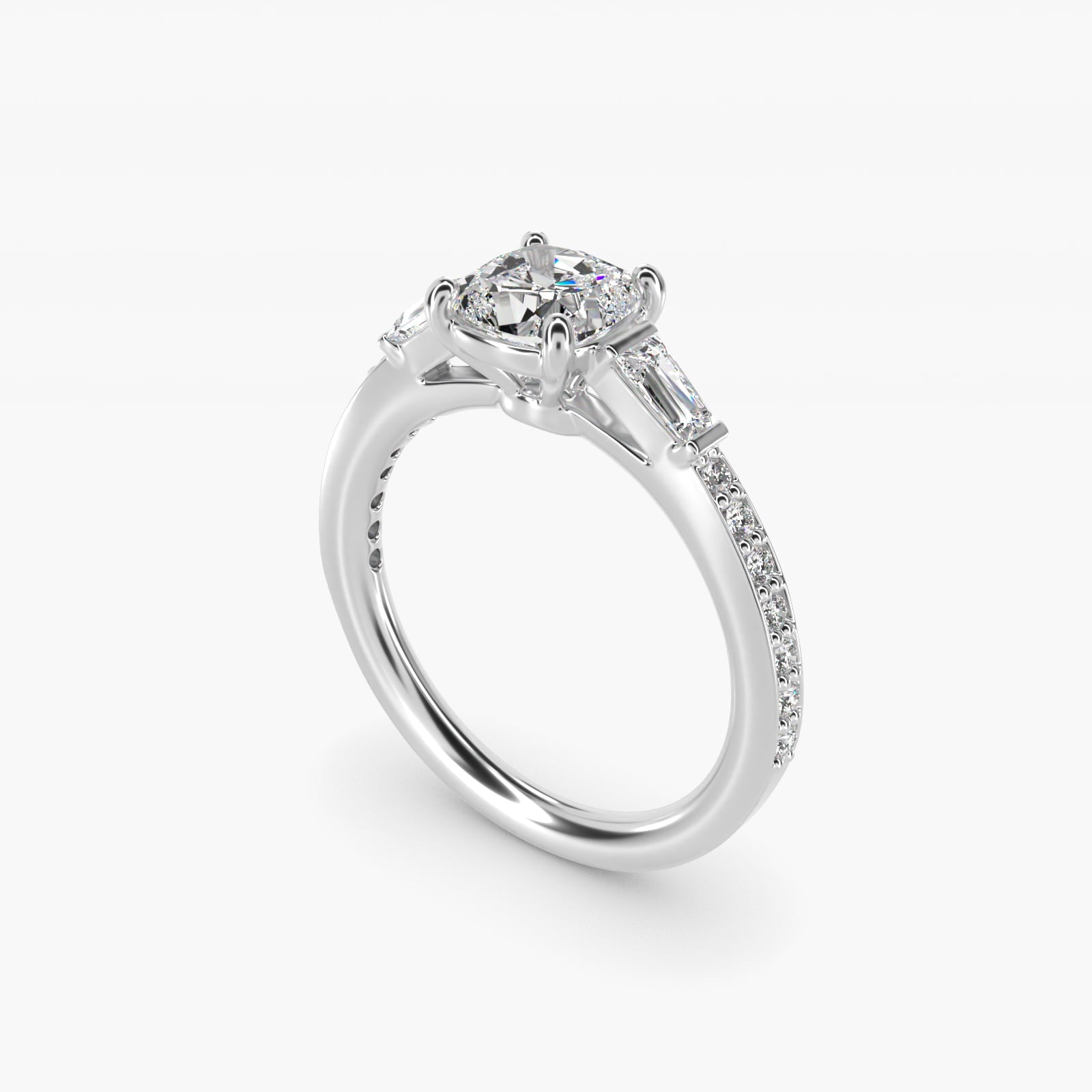 Tapered Baguette Diamond Cathedral Engagement Ring in 18k White Gold (1/3 ct. tw.) - Cushion Center