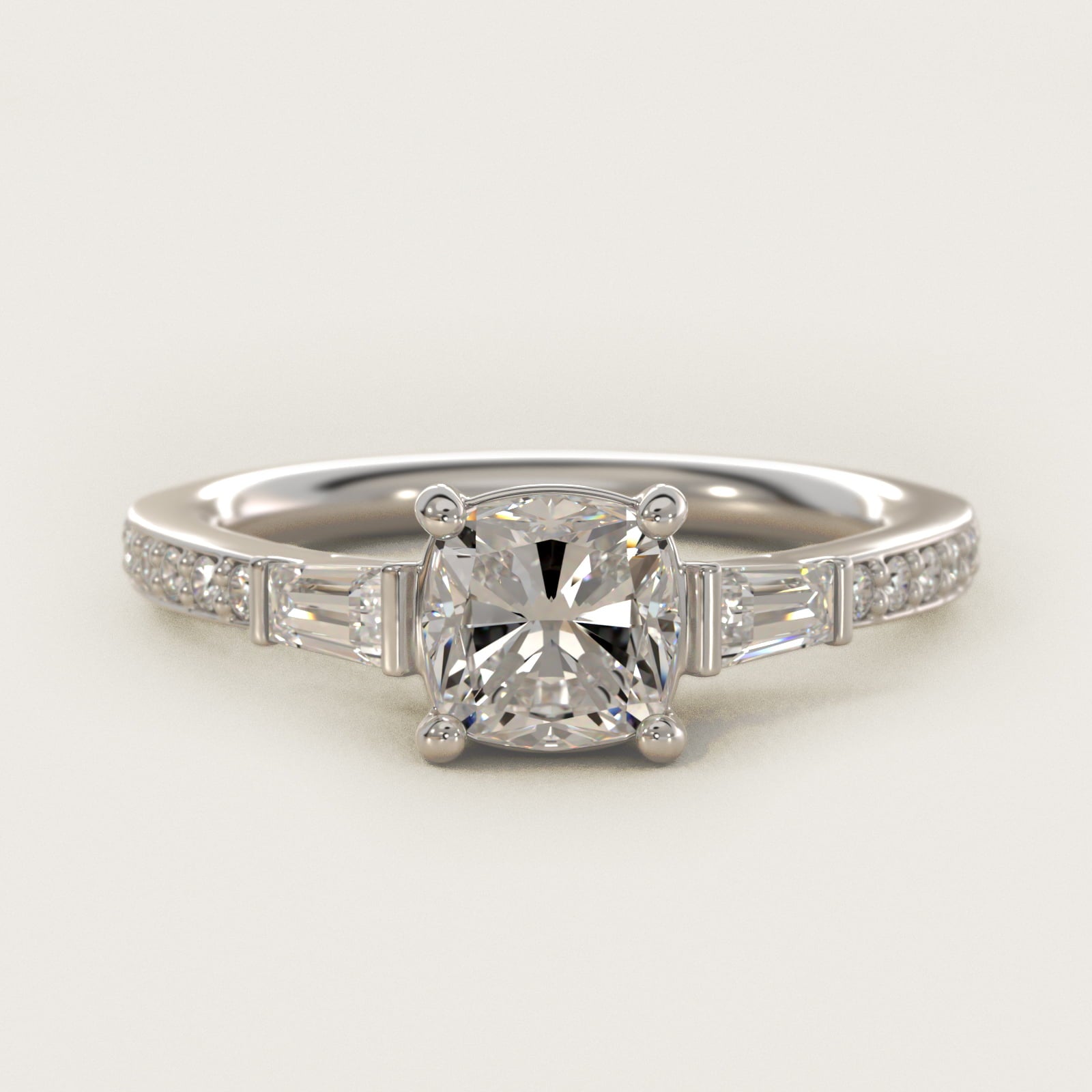 Tapered Baguette Diamond Cathedral Engagement Ring in 14k White Gold (1/3 ct. tw.) - Cushion Center