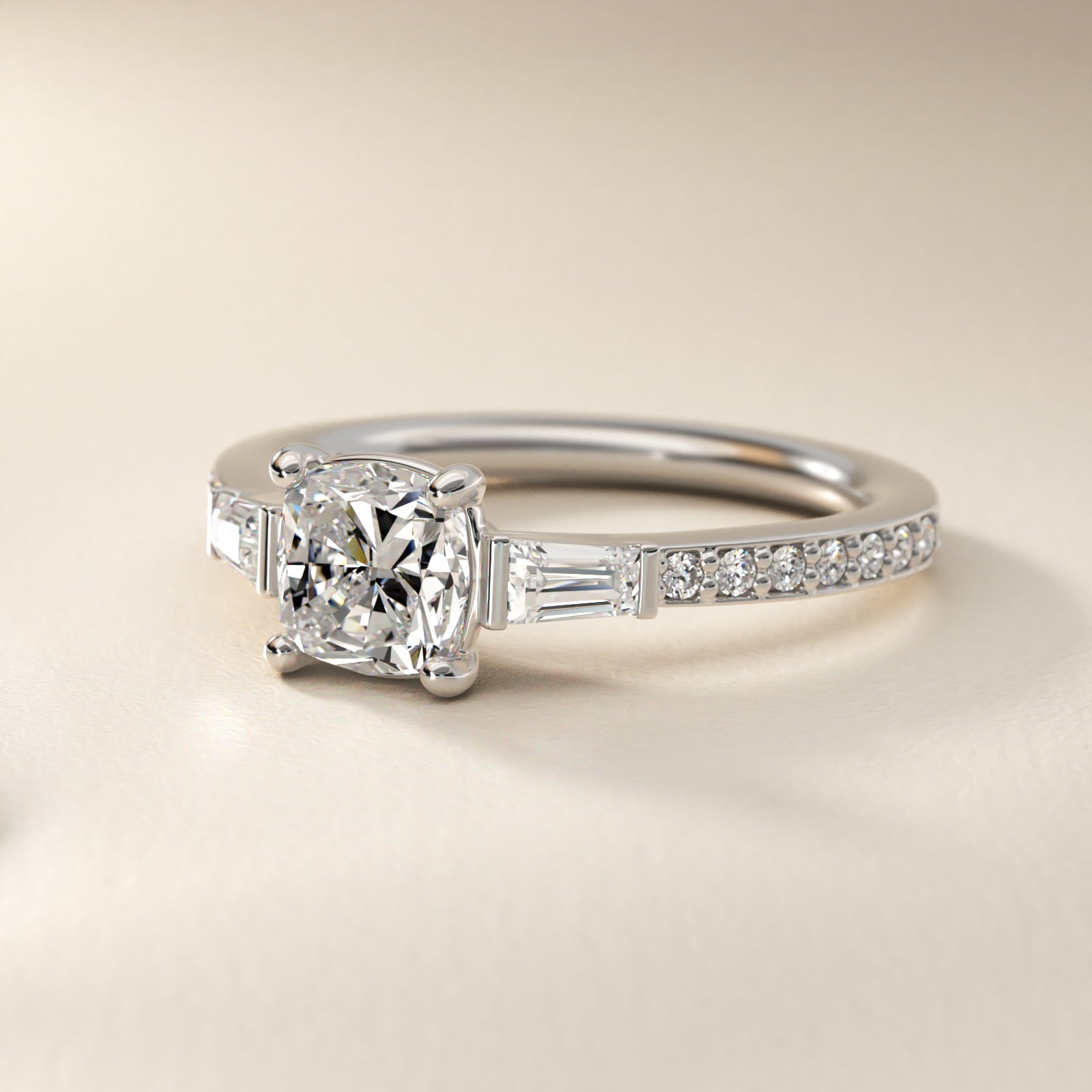 Tapered Baguette Diamond Cathedral Engagement Ring in Platinum (1/3 ct. tw.) - Cushion Center