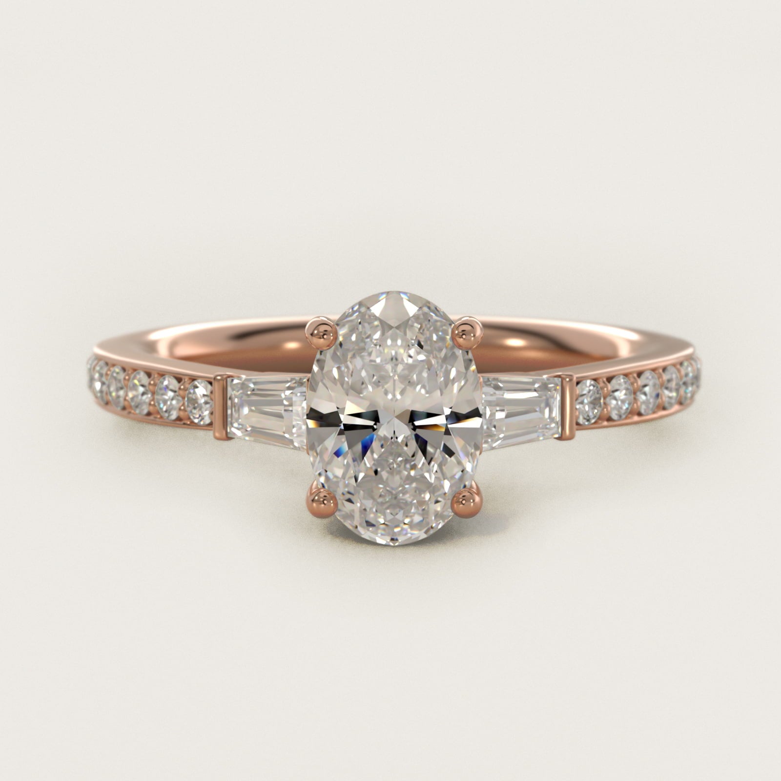 Tapered Baguette Diamond Cathedral Engagement Ring in 14k Rose Gold (1/3 ct. tw.) - Oval Center