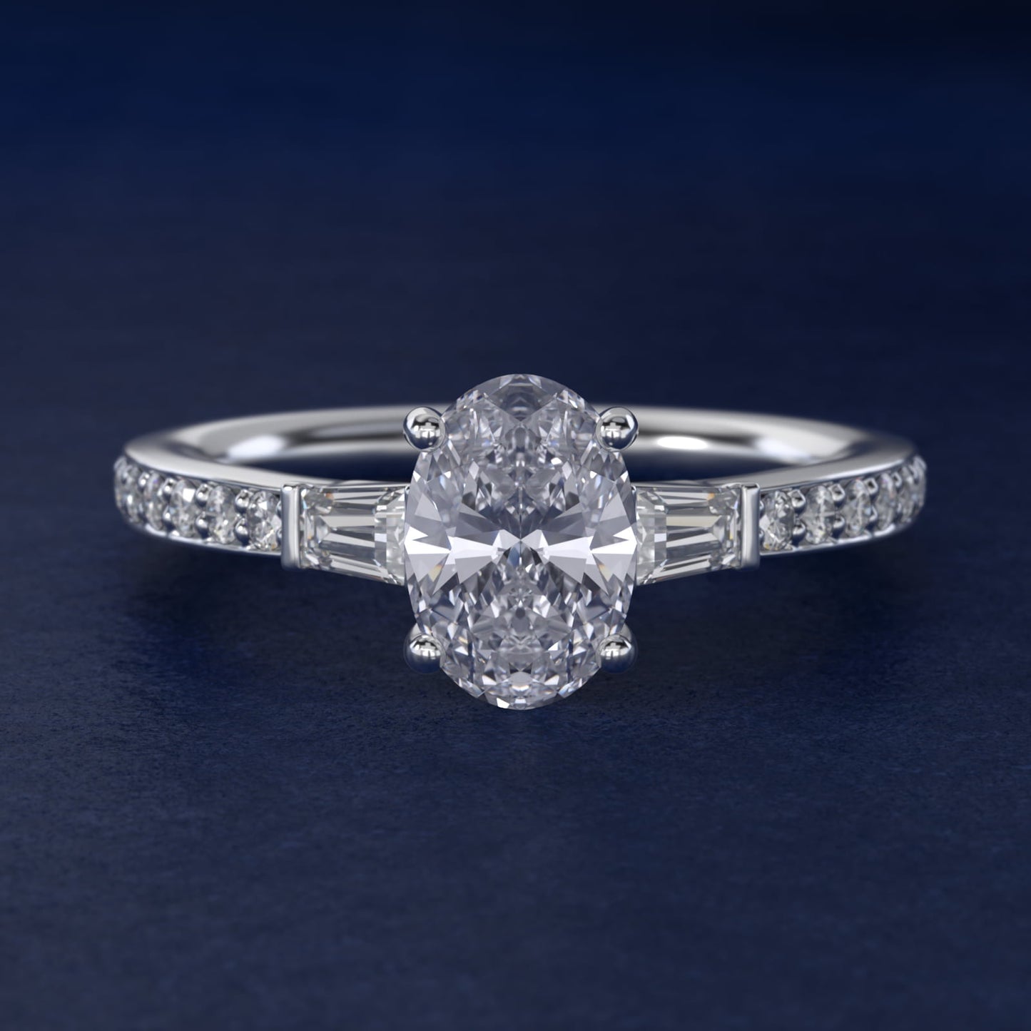 Tapered Baguette Diamond Cathedral Engagement Ring in 18k White Gold (1/3 ct. tw.) - Oval Center
