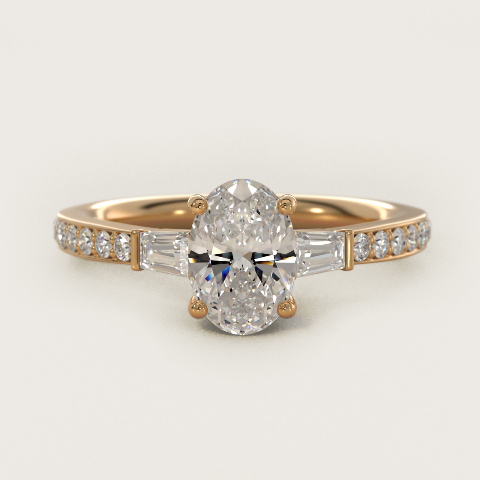 Tapered Baguette Diamond Cathedral Engagement Ring in 14k Yellow Gold (1/3 ct. tw.) - Oval Center