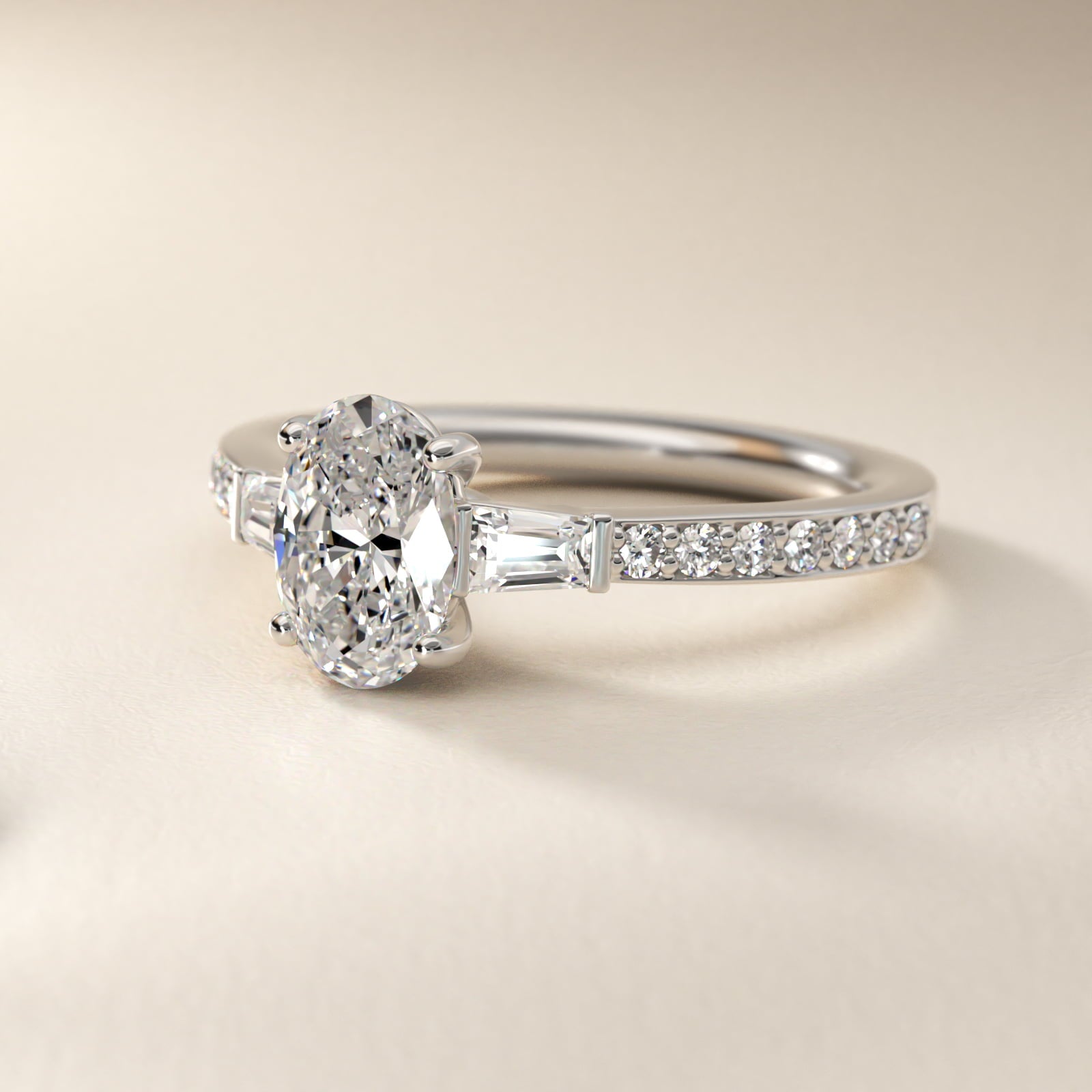 Tapered Baguette Diamond Cathedral Engagement Ring in Platinum (1/3 ct. tw.) - Oval Center