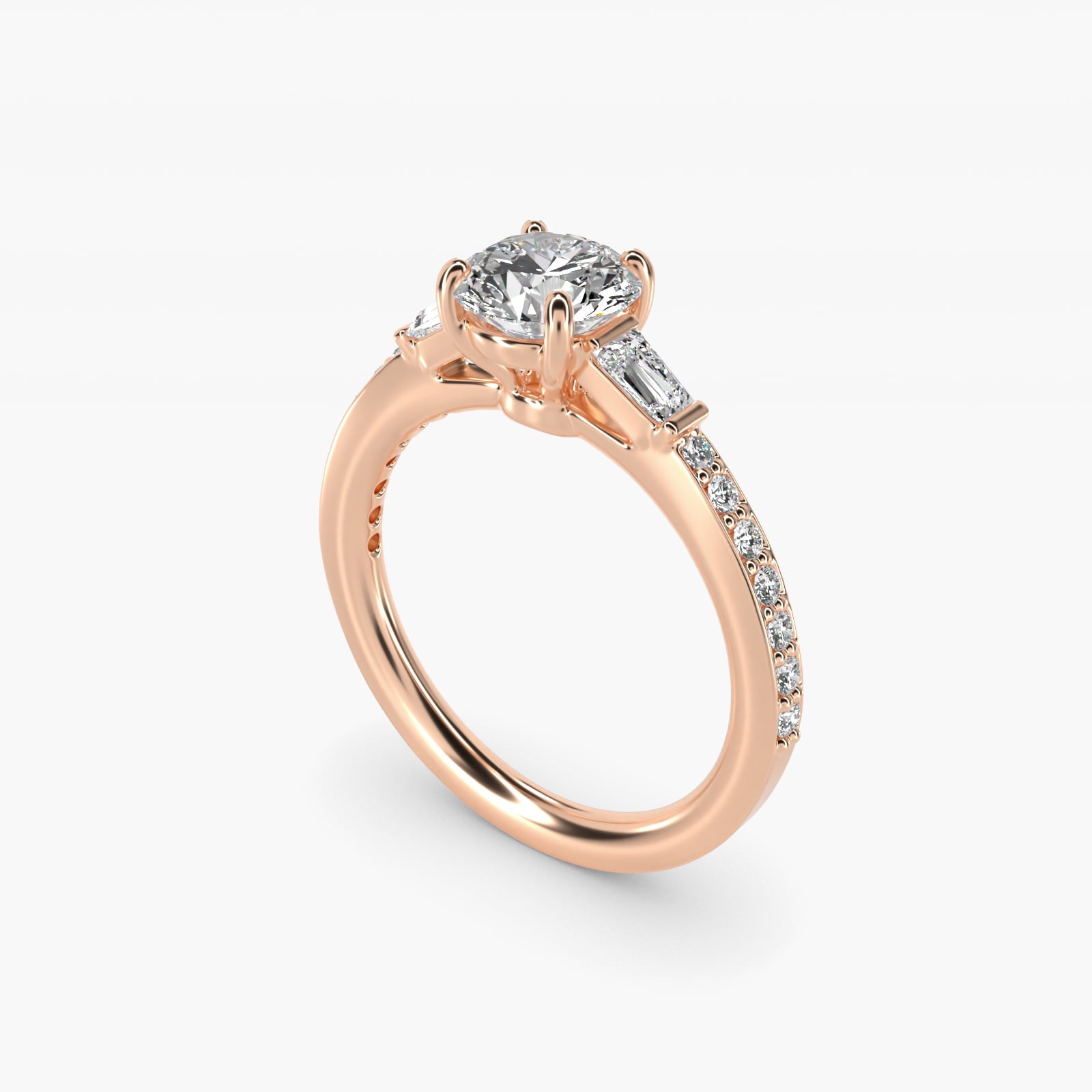 Tapered Baguette Diamond Cathedral Engagement Ring in 14k Rose Gold (1/3 ct. tw.) - Round Center
