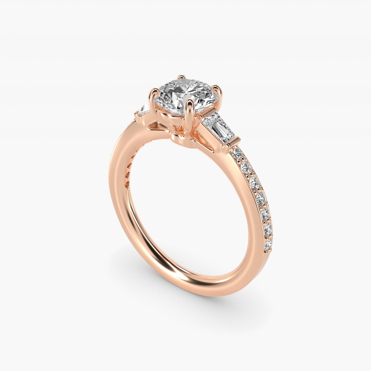 Tapered Baguette Diamond Cathedral Engagement Ring in 18k Rose Gold (1/3 ct. tw.) - Round Center