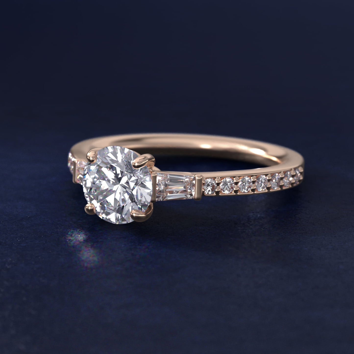 Tapered Baguette Diamond Cathedral Engagement Ring in 14k Rose Gold (1/3 ct. tw.) - Round Center
