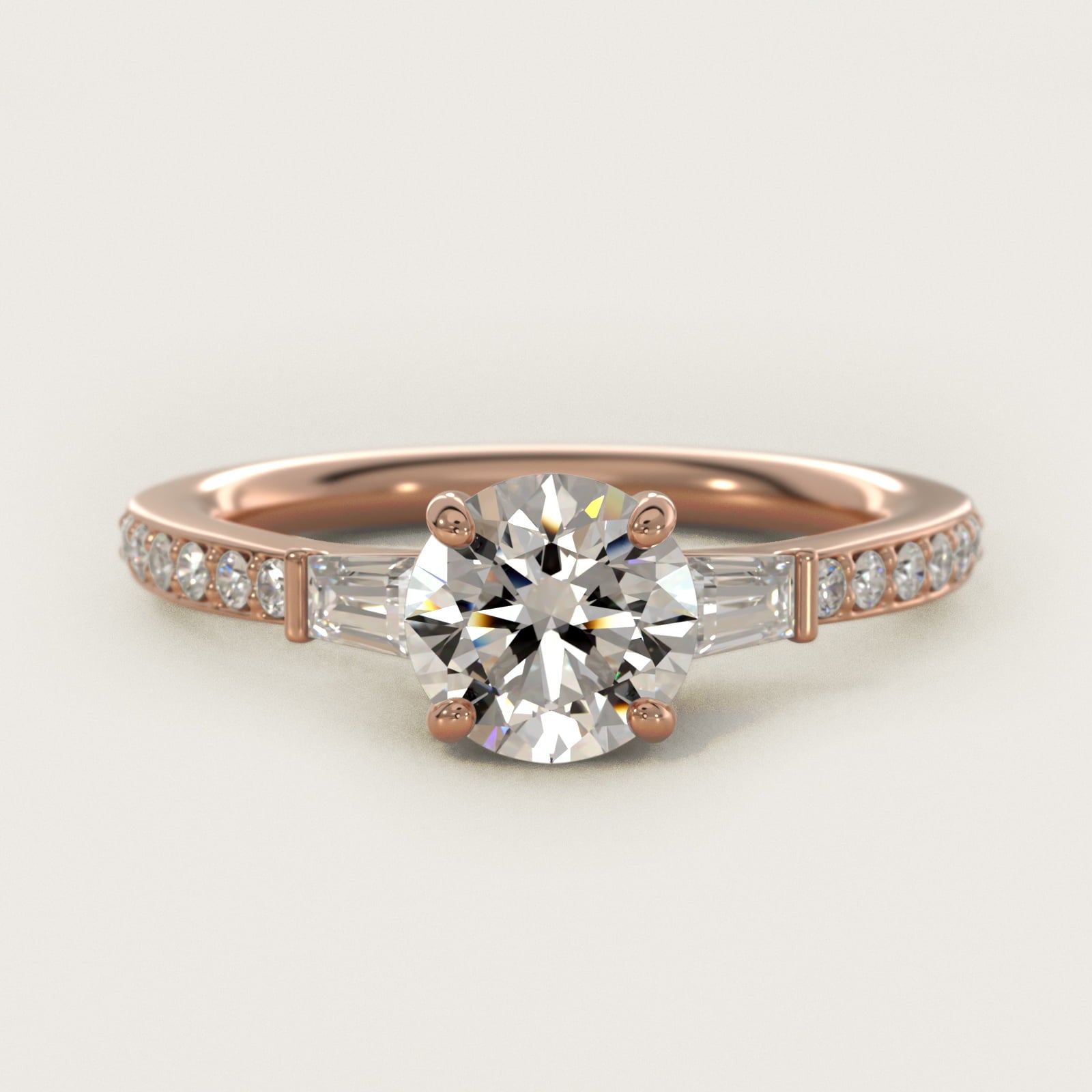 Tapered Baguette Diamond Cathedral Engagement Ring in 14k Rose Gold (1/3 ct. tw.) - Round Center