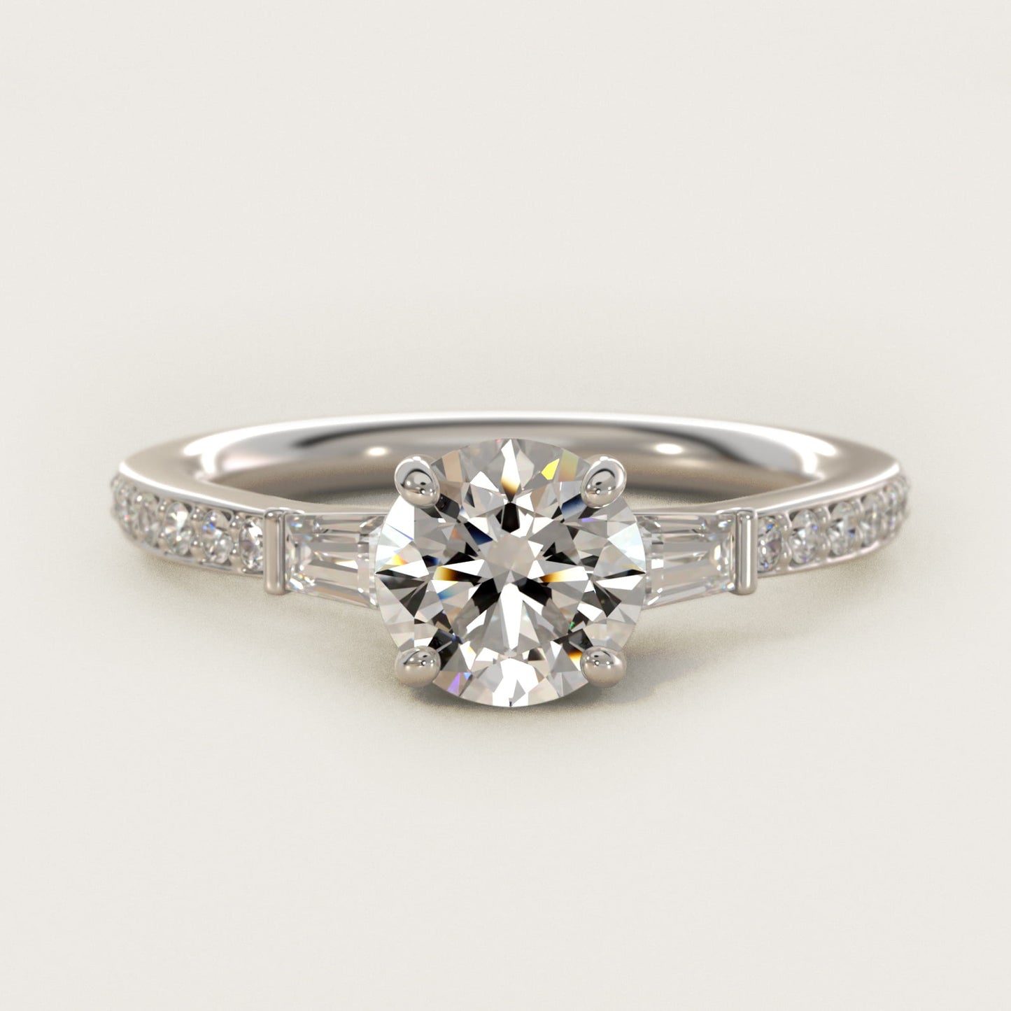 Tapered Baguette Diamond Cathedral Engagement Ring in 18k White Gold (1/3 ct. tw.) - Round Center