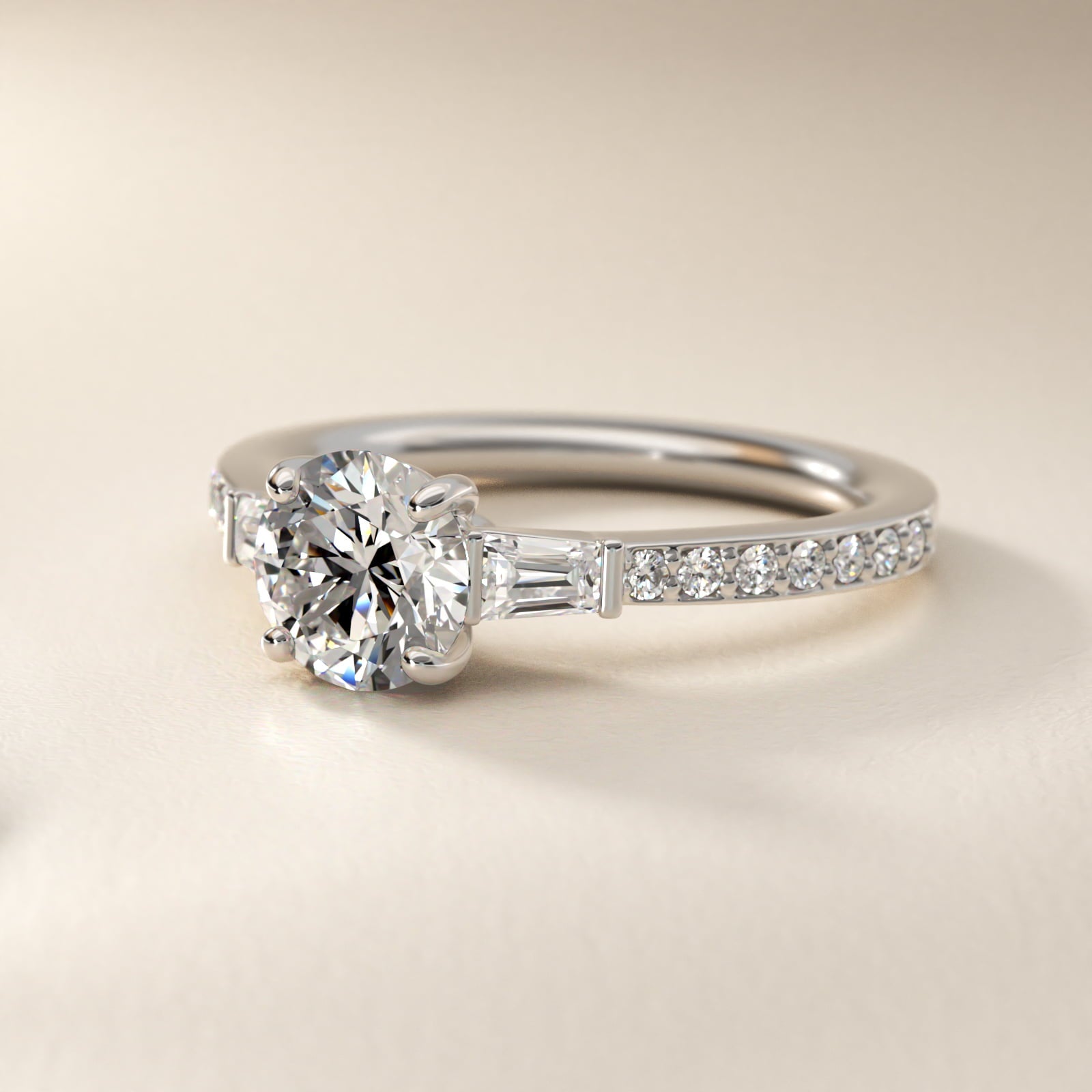 Tapered Baguette Diamond Cathedral Engagement Ring in Platinum (1/3 ct. tw.) - Round Center