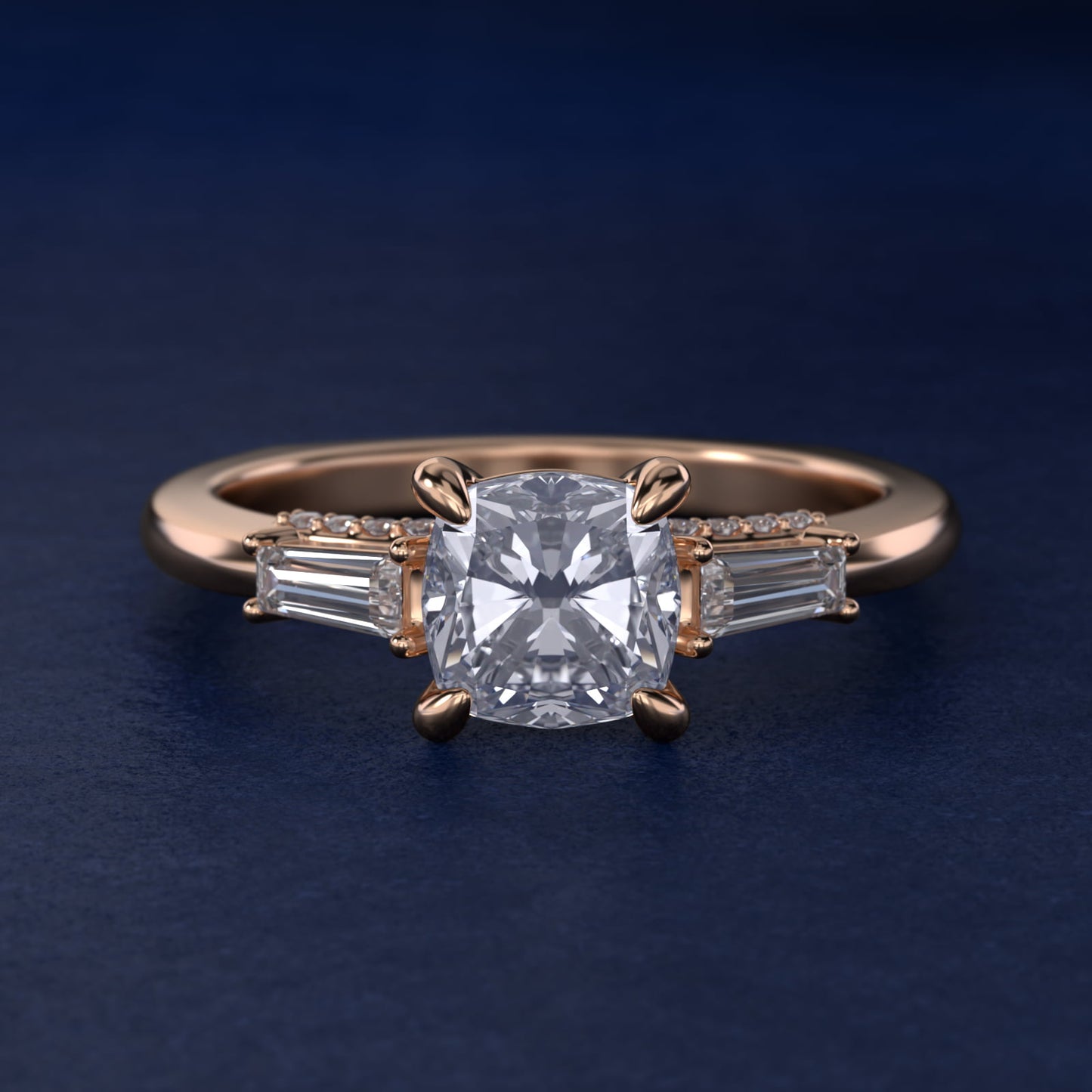 Tapered Baguette Three Stone Engagement Ring in 14k Rose Gold (0.24 ct. tw.) By Bella Vaughan - Cushion Center