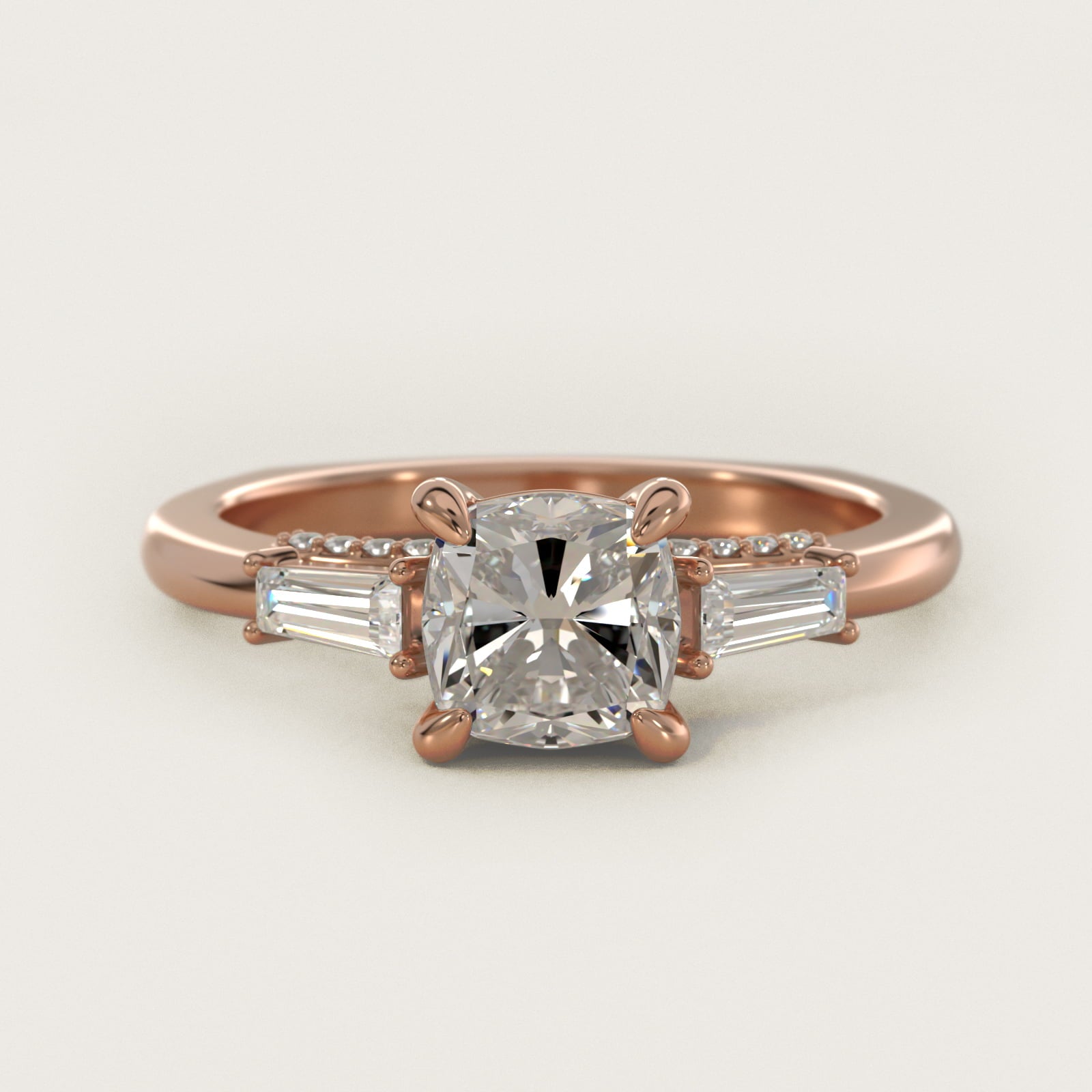 Tapered Baguette Three Stone Engagement Ring in 14k Rose Gold (0.24 ct. tw.) By Bella Vaughan - Cushion Center