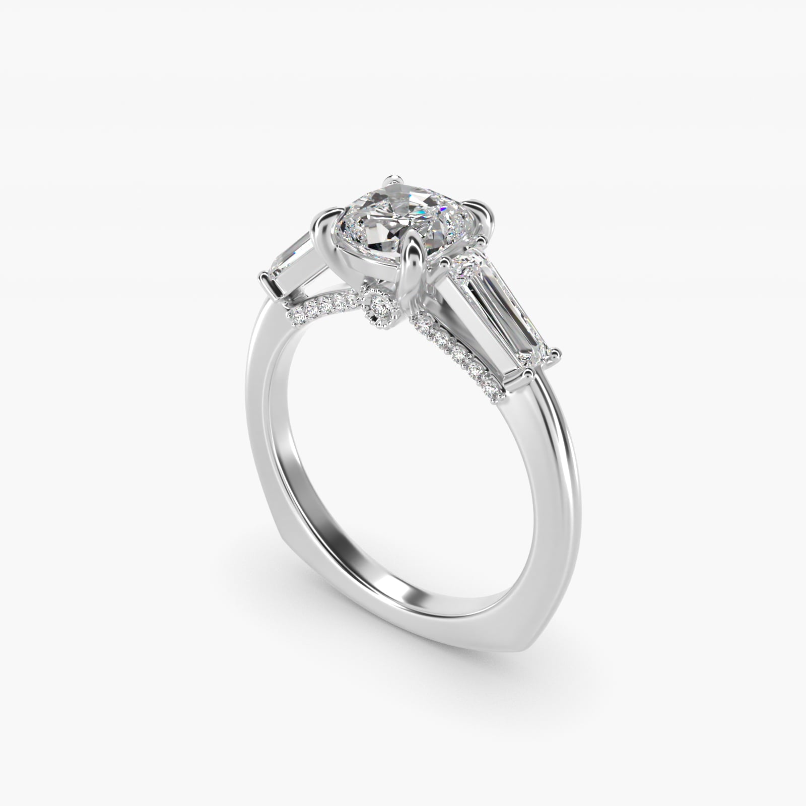 Tapered Baguette Three Stone Engagement Ring in 18K White Gold (1/2 ct. tw.) By Bella Vaughan - Cushion Center