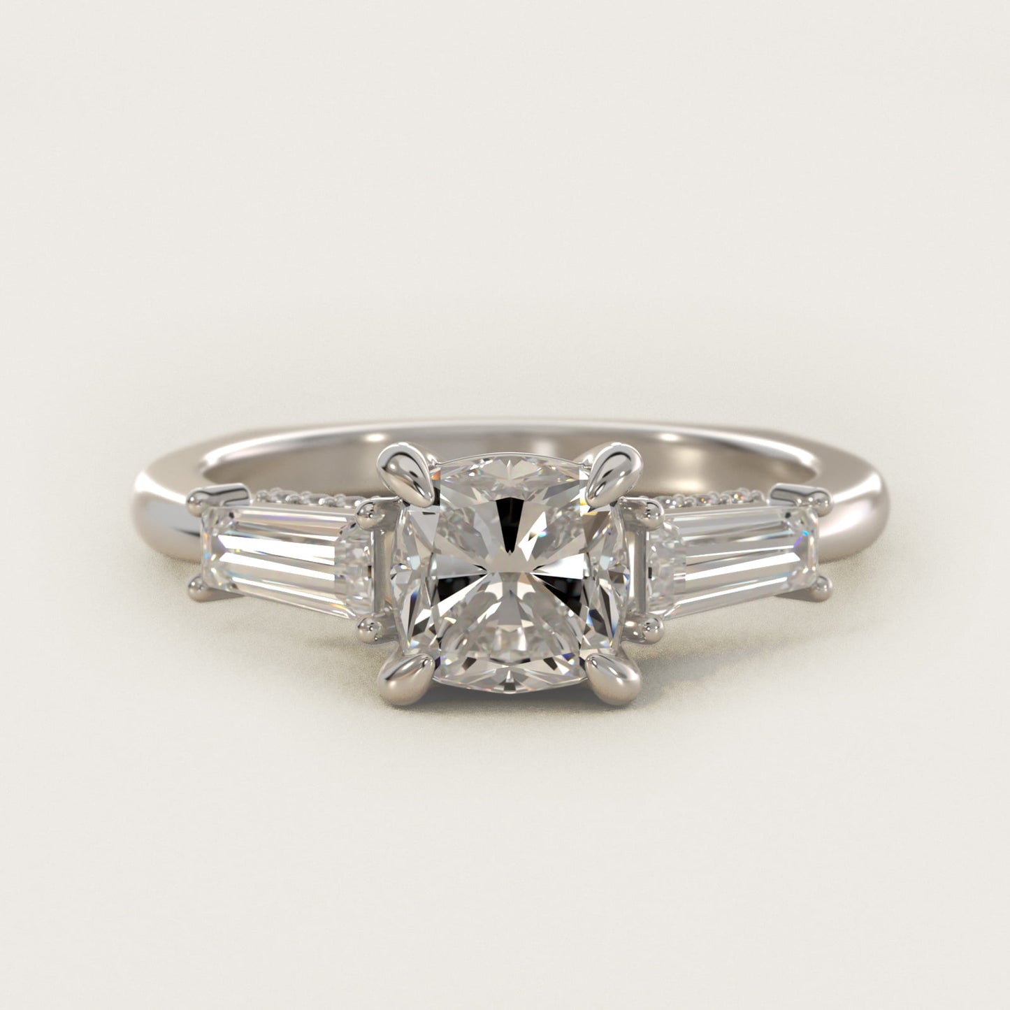 Tapered Baguette Three Stone Engagement Ring in 18K White Gold (1/2 ct. tw.) By Bella Vaughan - Cushion Center