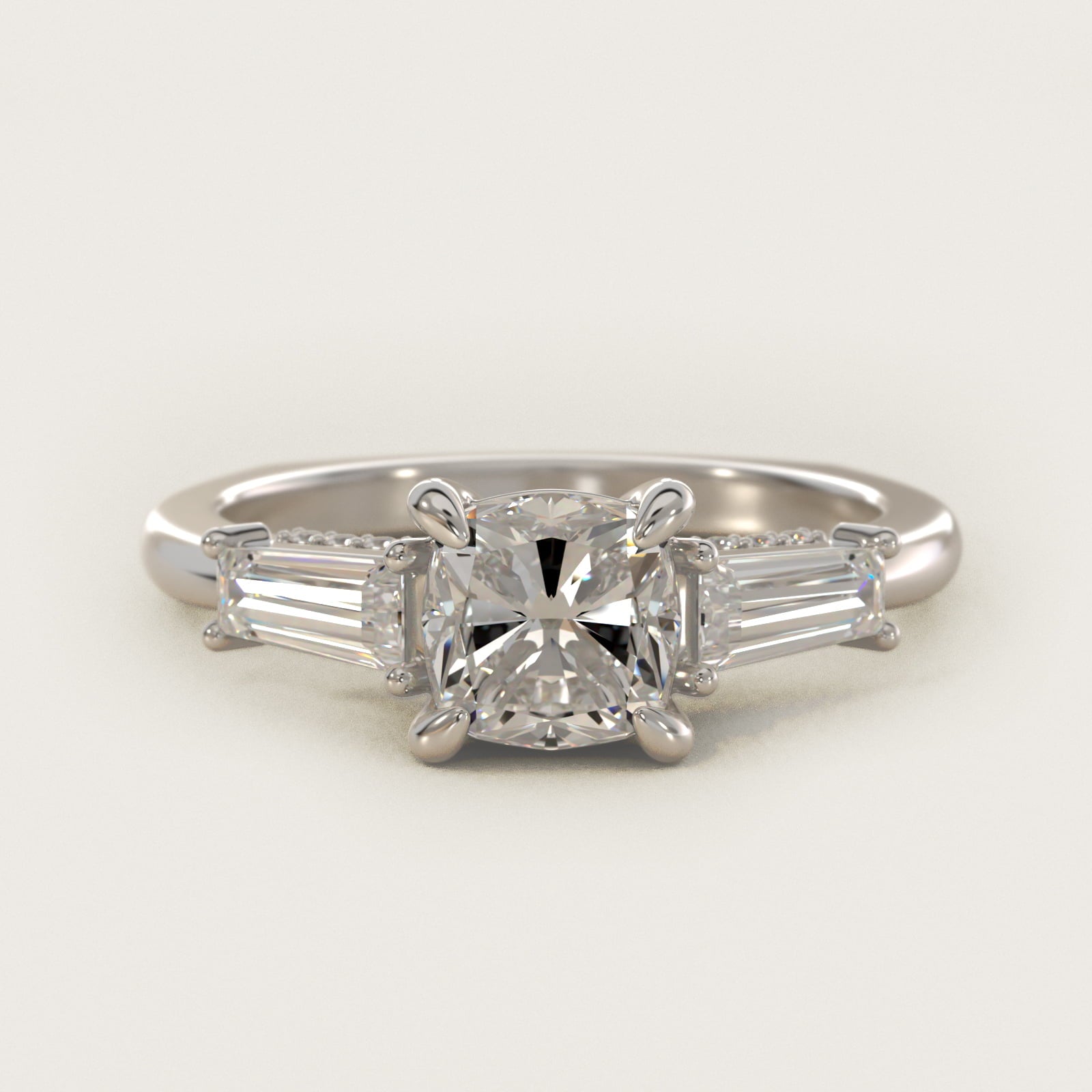 Tapered Baguette Three Stone Engagement Ring in 18K White Gold (1/2 ct. tw.) By Bella Vaughan - Cushion Center