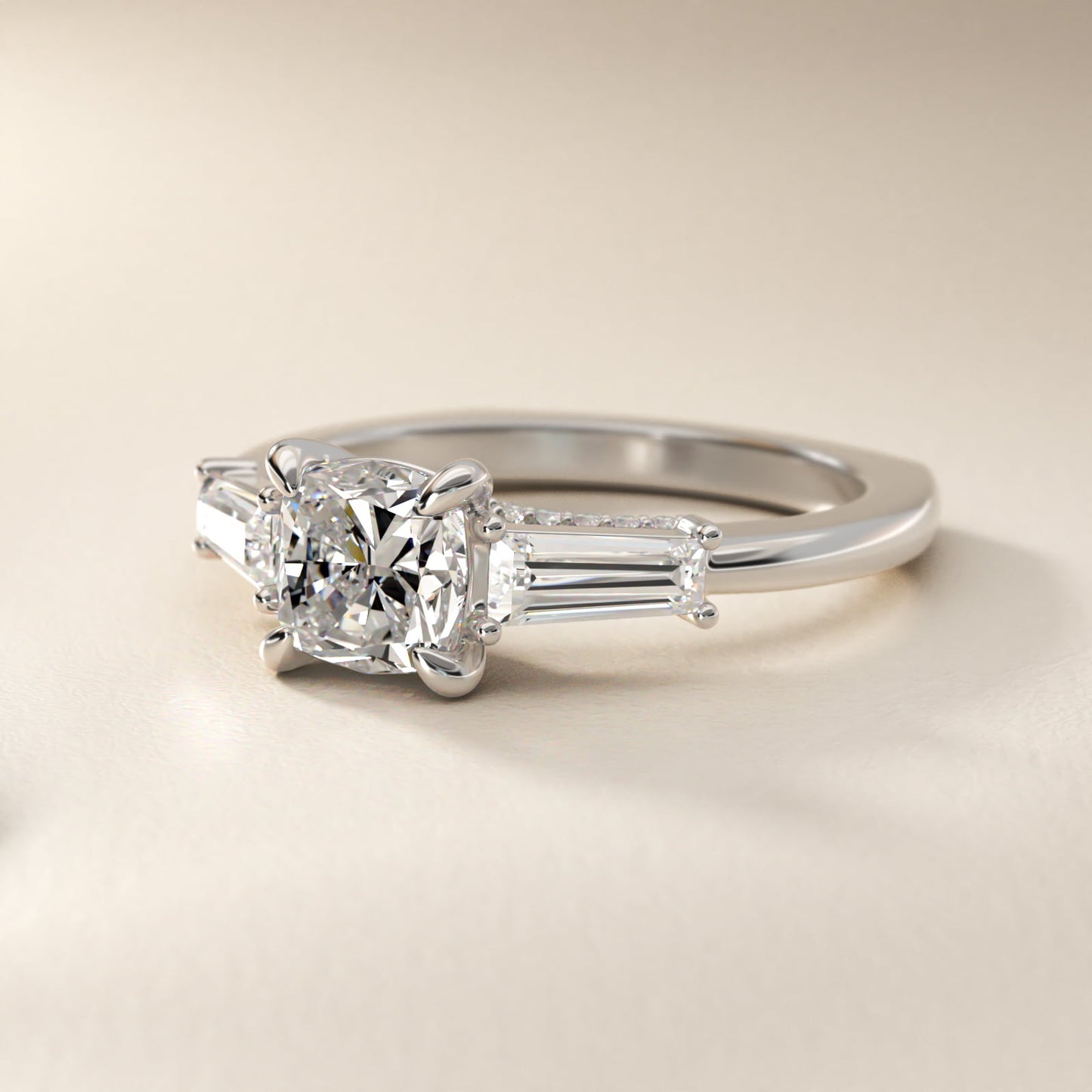 Tapered Baguette Three Stone Engagement Ring in 18K White Gold (1/2 ct. tw.) By Bella Vaughan - Cushion Center