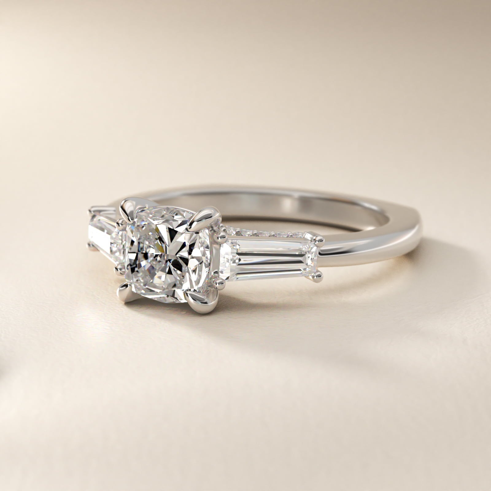 Tapered Baguette Three Stone Engagement Ring in 18K White Gold (1/2 ct. tw.) By Bella Vaughan - Cushion Center