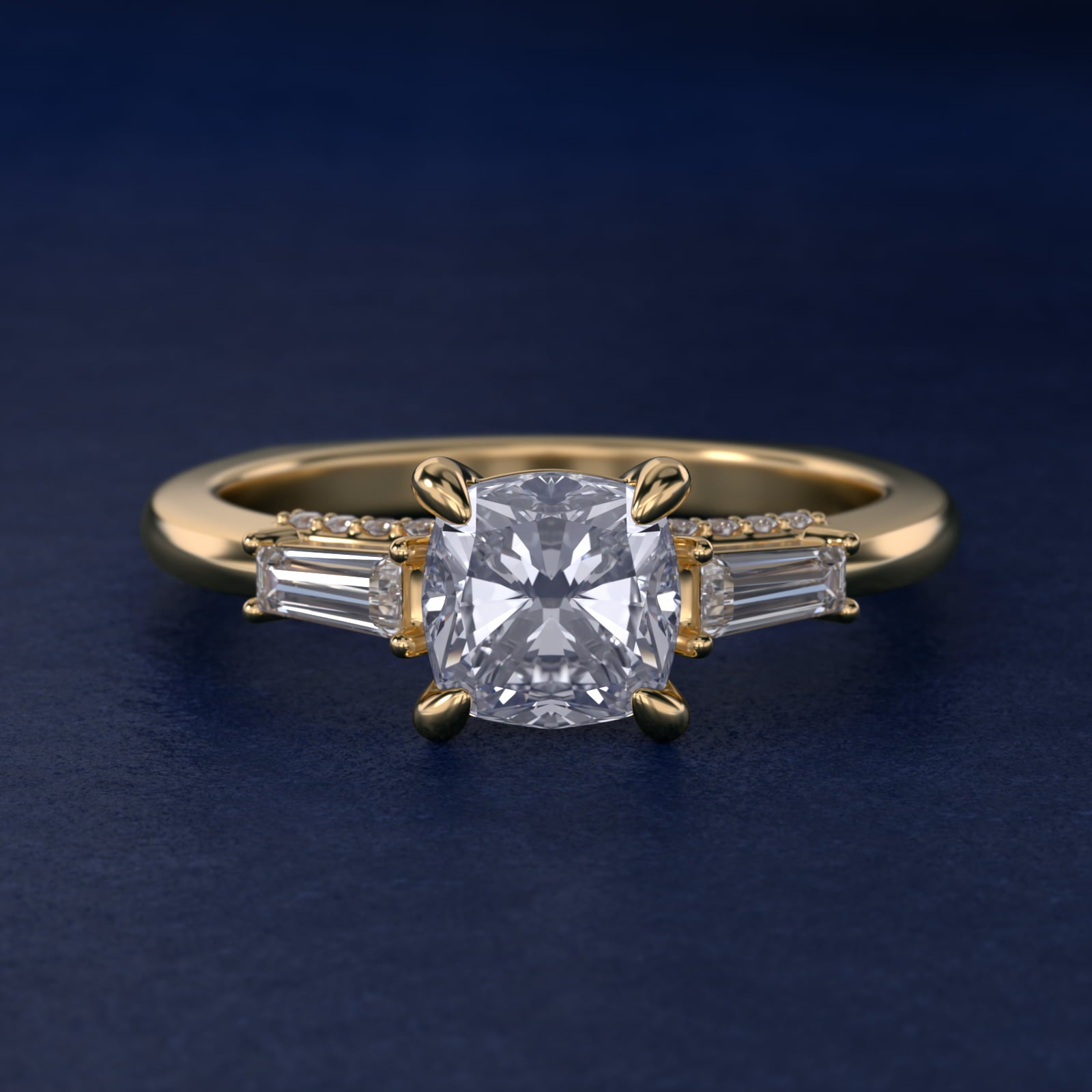 Tapered Baguette Three Stone Engagement Ring in 14K Yellow Gold (0.24 ct. tw.) By Bella Vaughan - Cushion Center