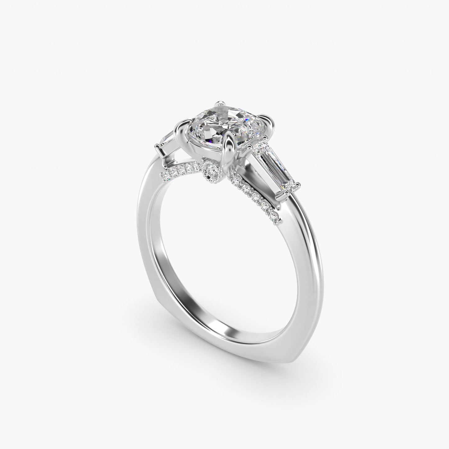 Tapered Baguette Three Stone Engagement Ring in Platinum (1/4 ct. tw.) By Bella Vaughan - Cushion Center