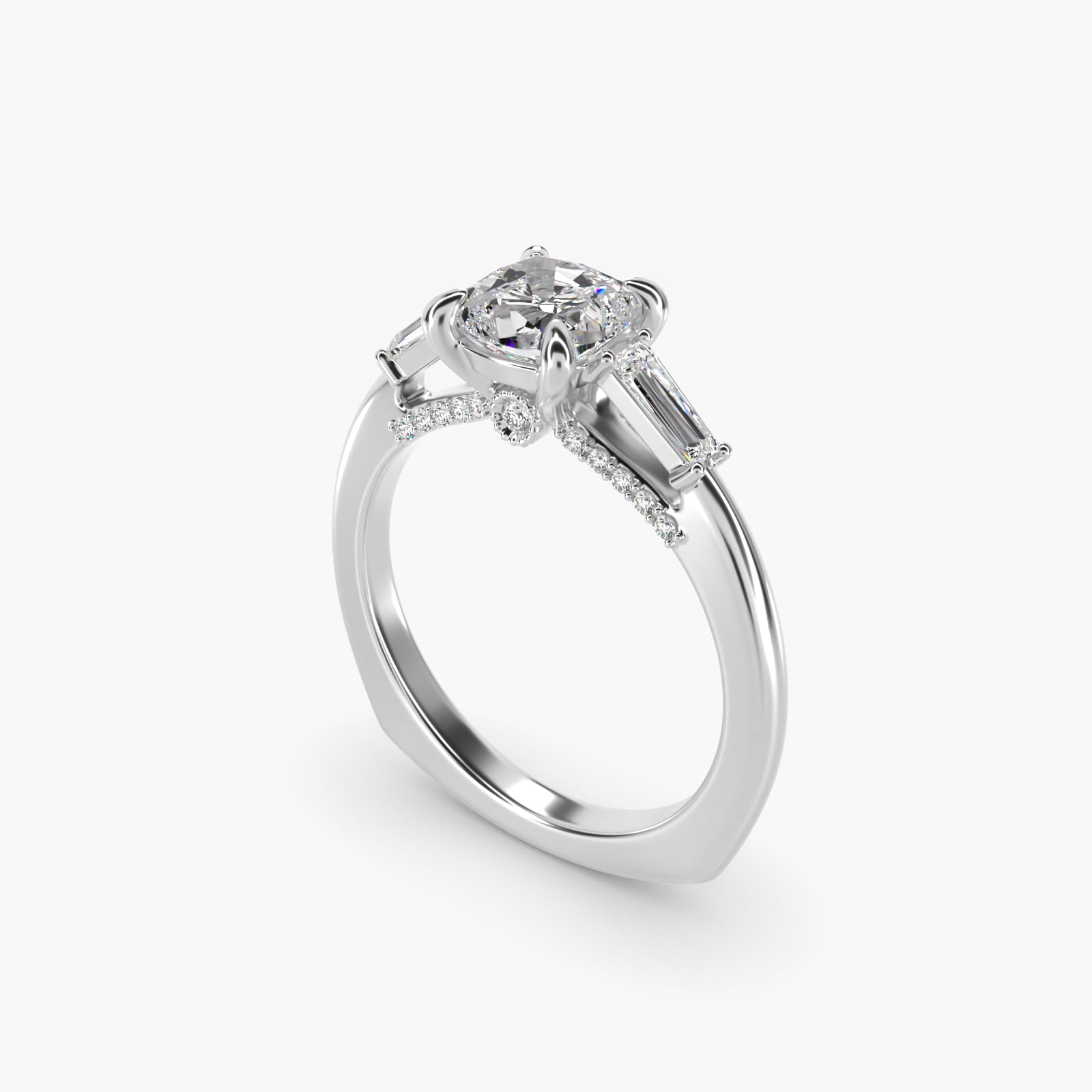 Tapered Baguette Three Stone Engagement Ring in Platinum (1/4 ct. tw.) By Bella Vaughan - Cushion Center