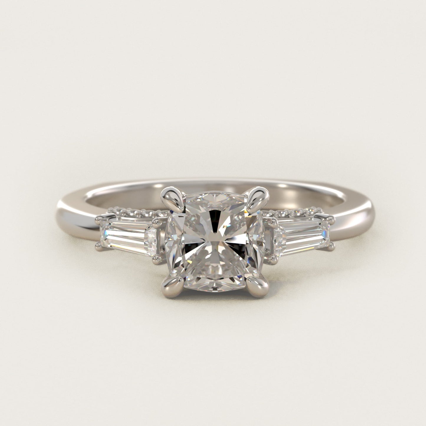 Tapered Baguette Three Stone Engagement Ring in Platinum (1/4 ct. tw.) By Bella Vaughan - Cushion Center