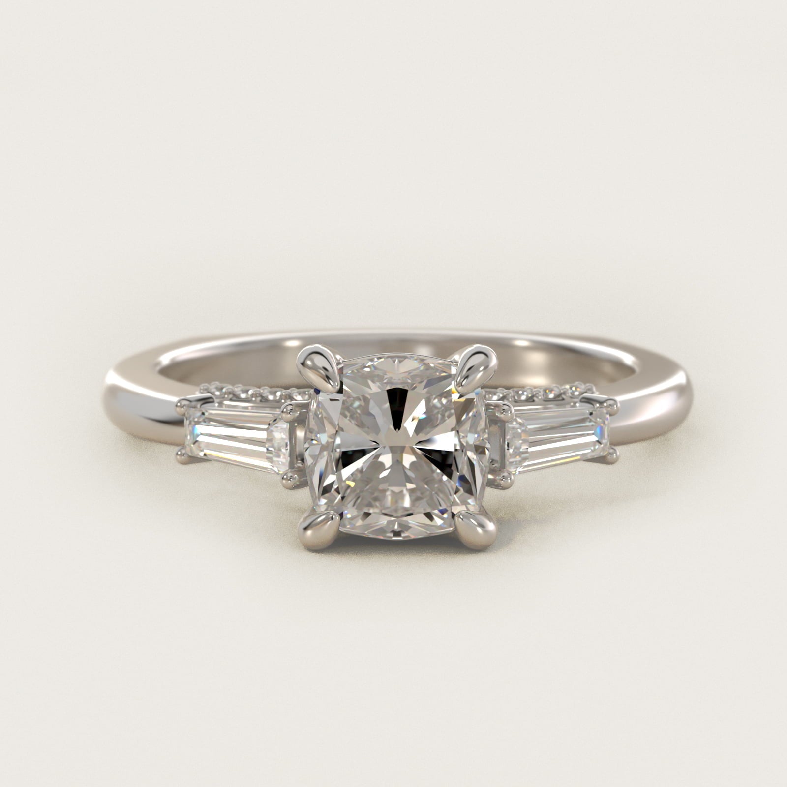 Tapered Baguette Three Stone Engagement Ring in Platinum (1/4 ct. tw.) By Bella Vaughan - Cushion Center