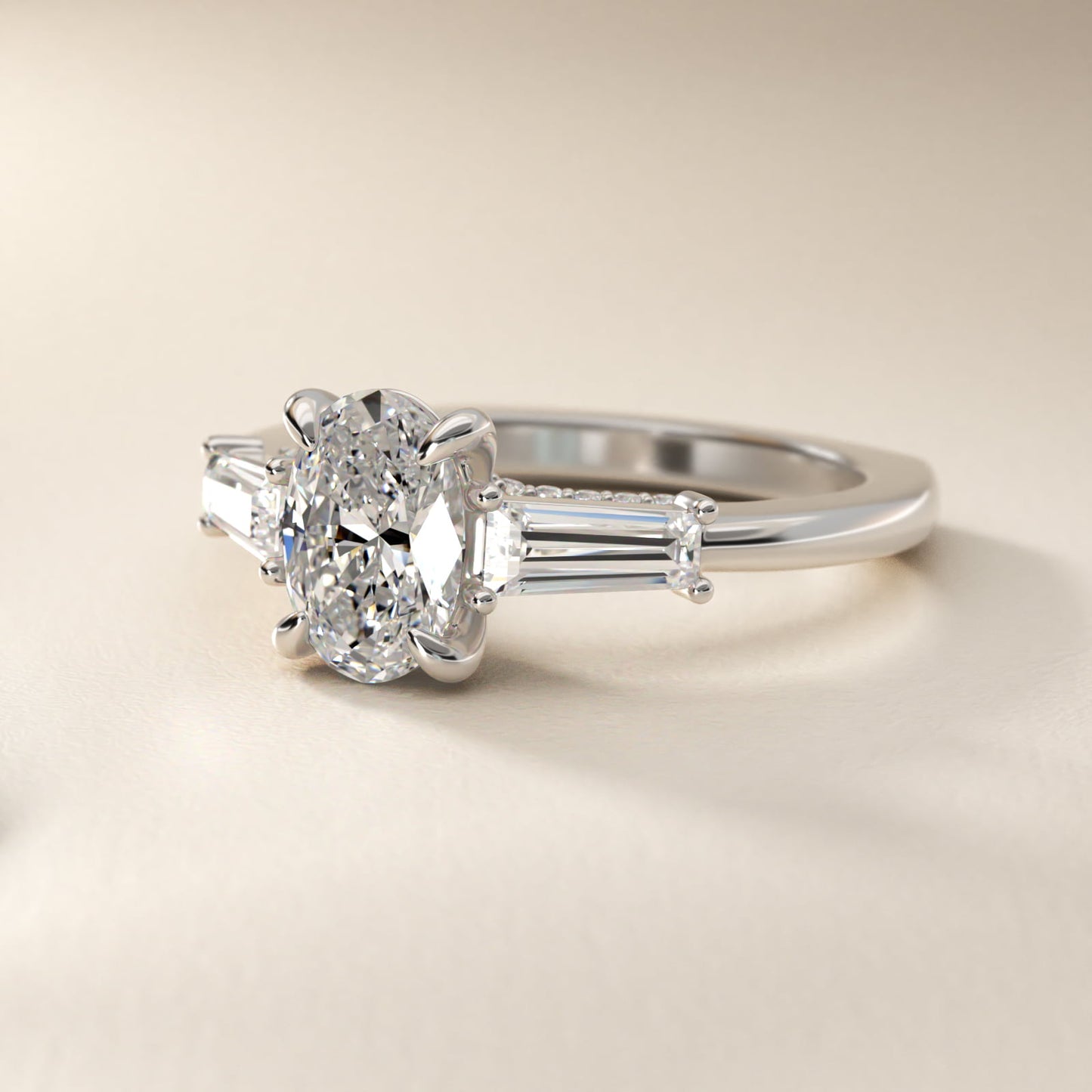 Tapered Baguette Three Stone Engagement Ring in 18K White Gold (1/2 ct. tw.) By Bella Vaughan - Oval Center