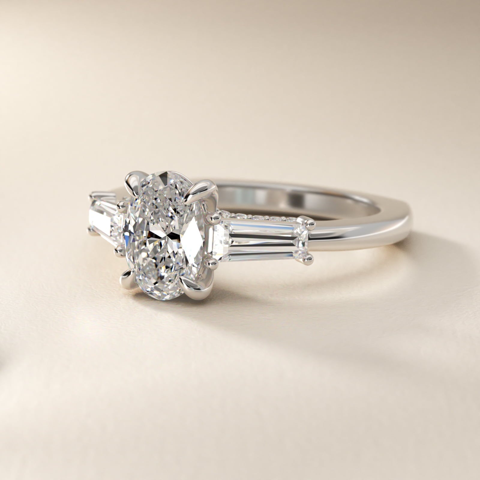 Tapered Baguette Three Stone Engagement Ring in 18K White Gold (1/2 ct. tw.) By Bella Vaughan - Oval Center
