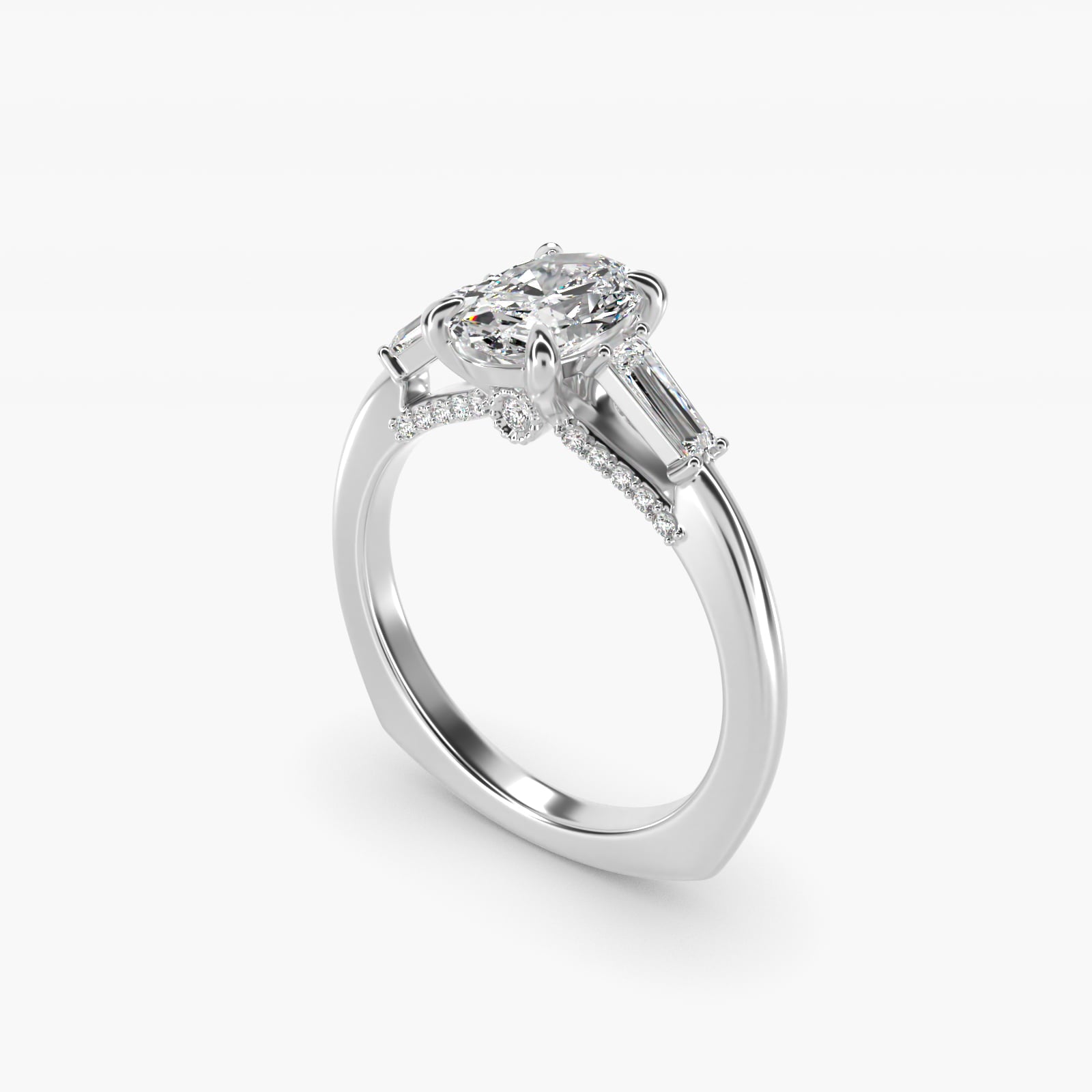 Tapered Baguette Three Stone Engagement Ring in Platinum (1/4 ct. tw.) By Bella Vaughan - Oval Center