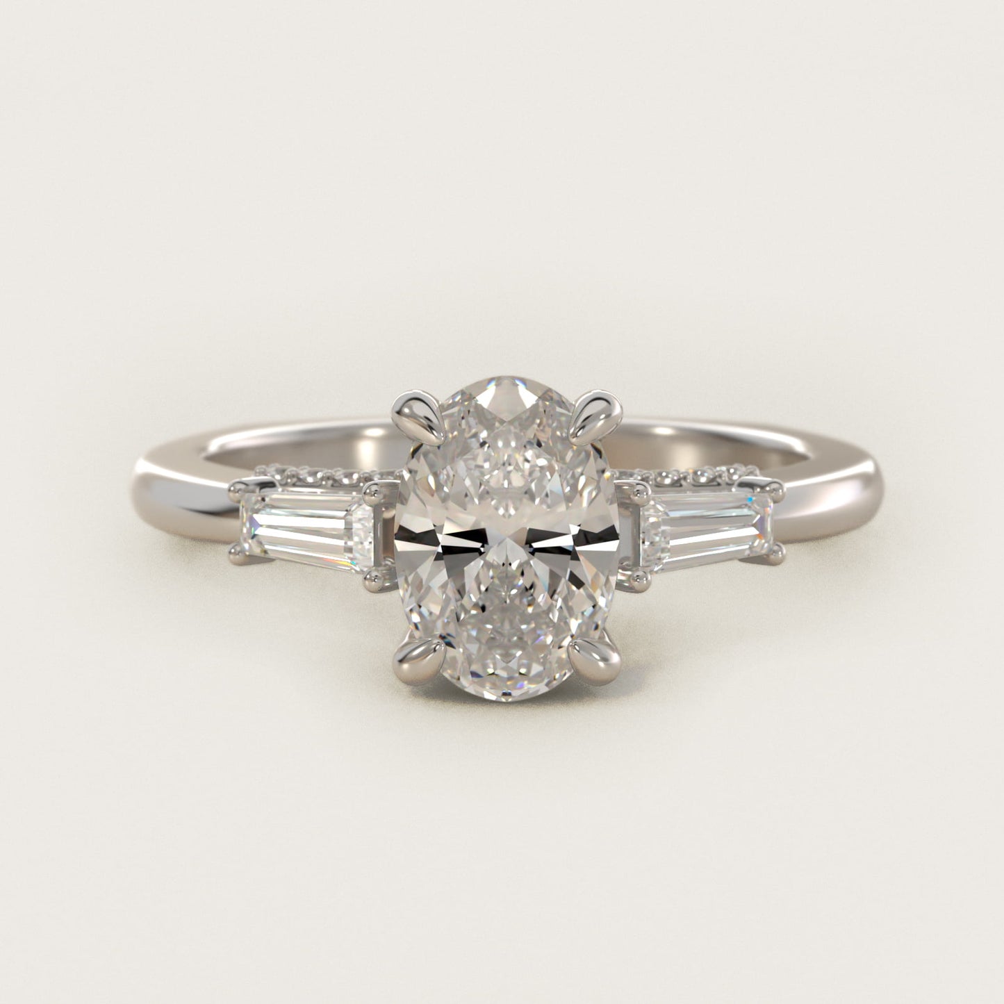 Tapered Baguette Three Stone Engagement Ring in Platinum (1/4 ct. tw.) By Bella Vaughan - Oval Center