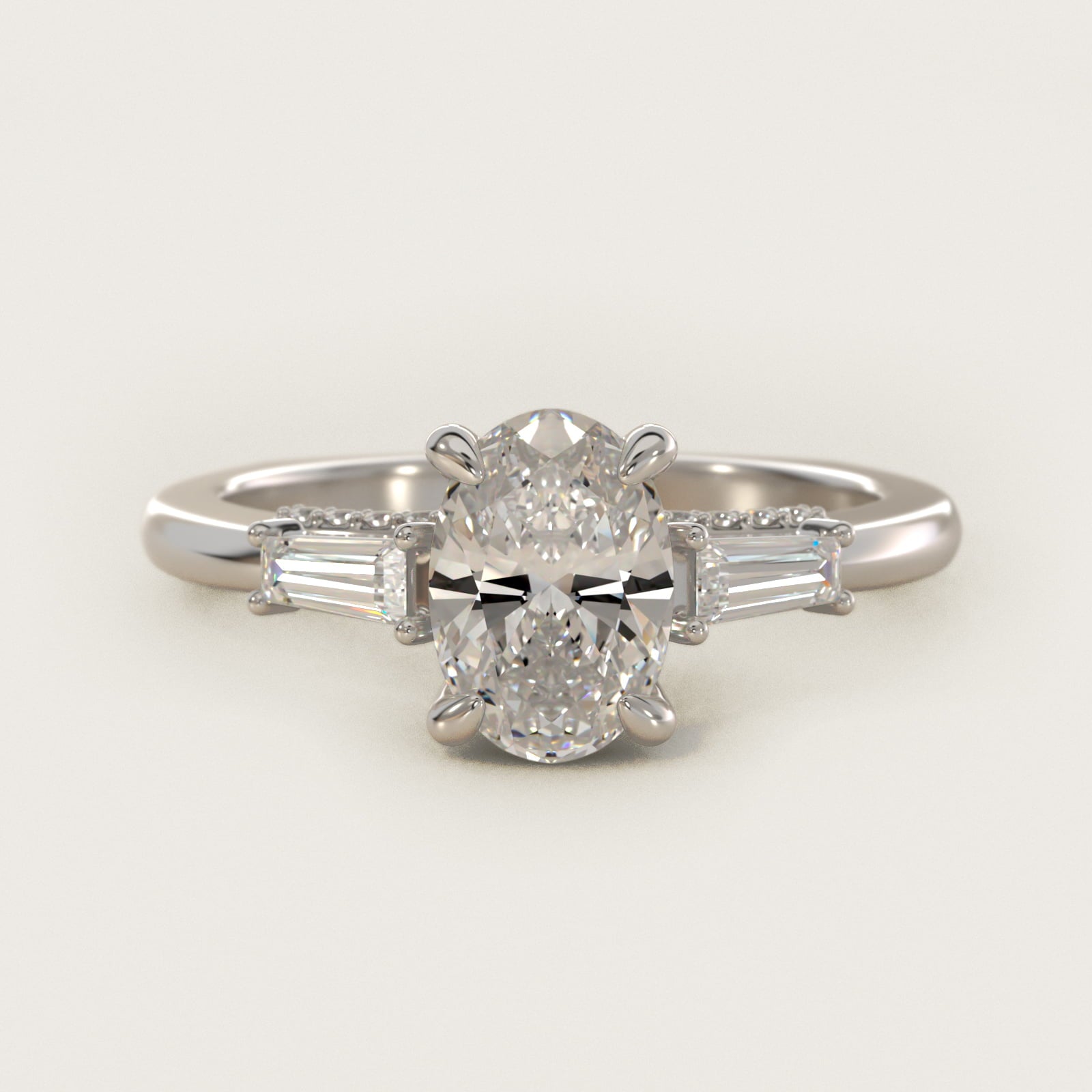 Tapered Baguette Three Stone Engagement Ring in Platinum (1/4 ct. tw.) By Bella Vaughan - Oval Center