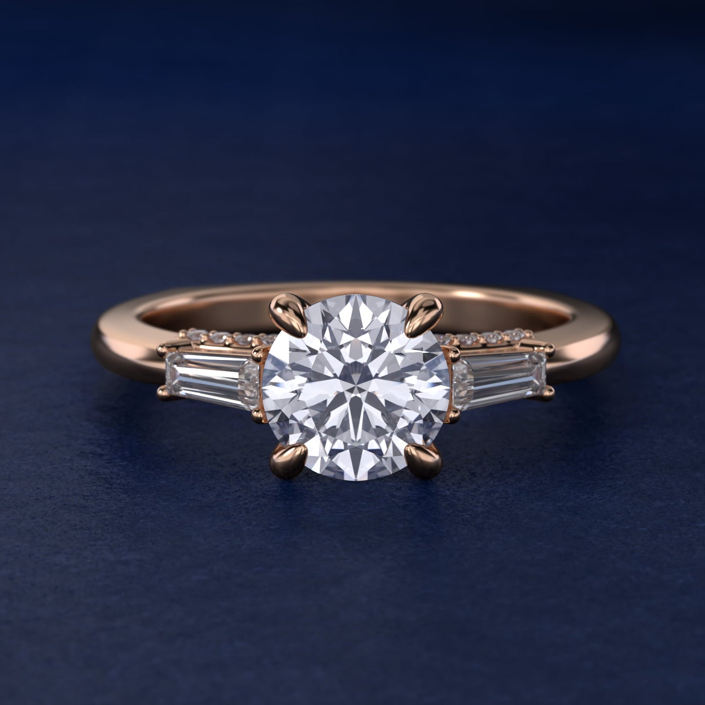 Tapered Baguette Three Stone Engagement Ring in 18k Rose Gold (0.24 ct. tw.) By Bella Vaughan - Round Center