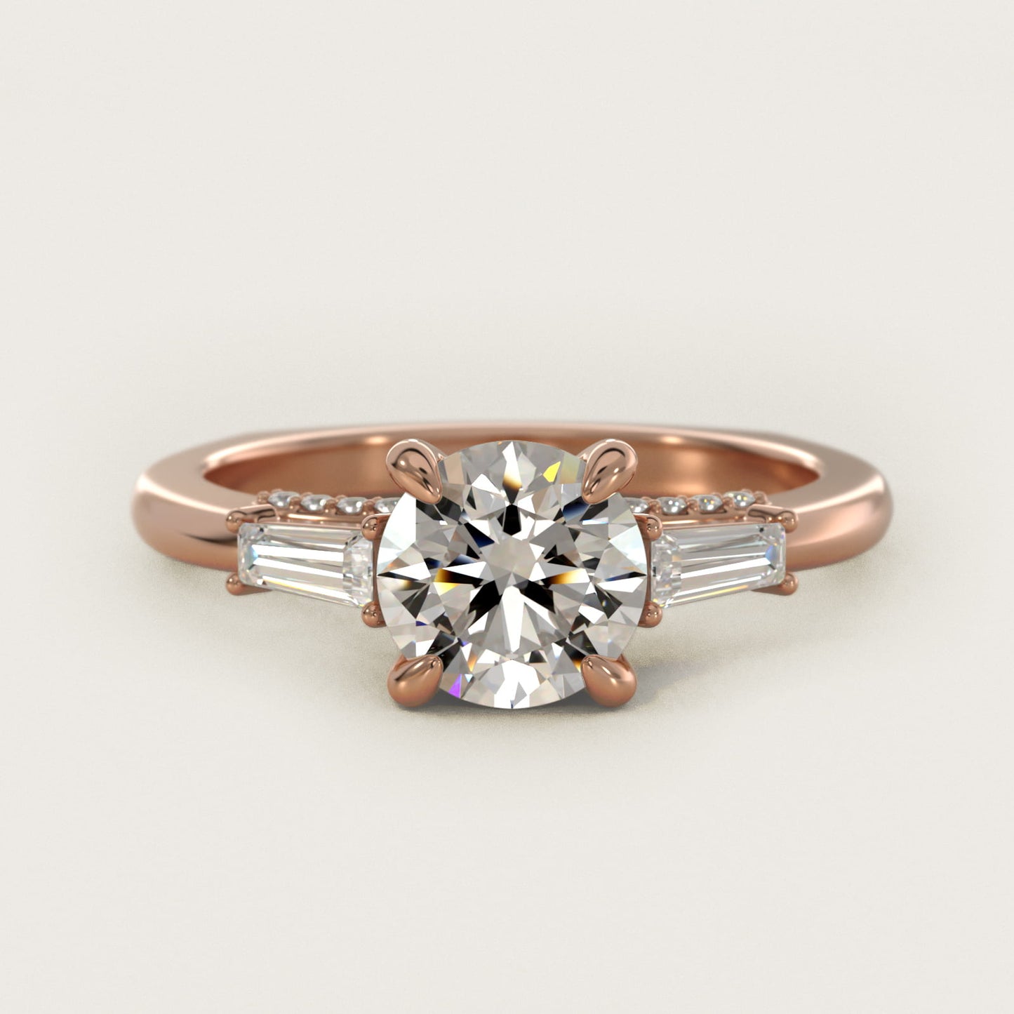 Tapered Baguette Three Stone Engagement Ring in 18k Rose Gold (0.24 ct. tw.) By Bella Vaughan - Round Center