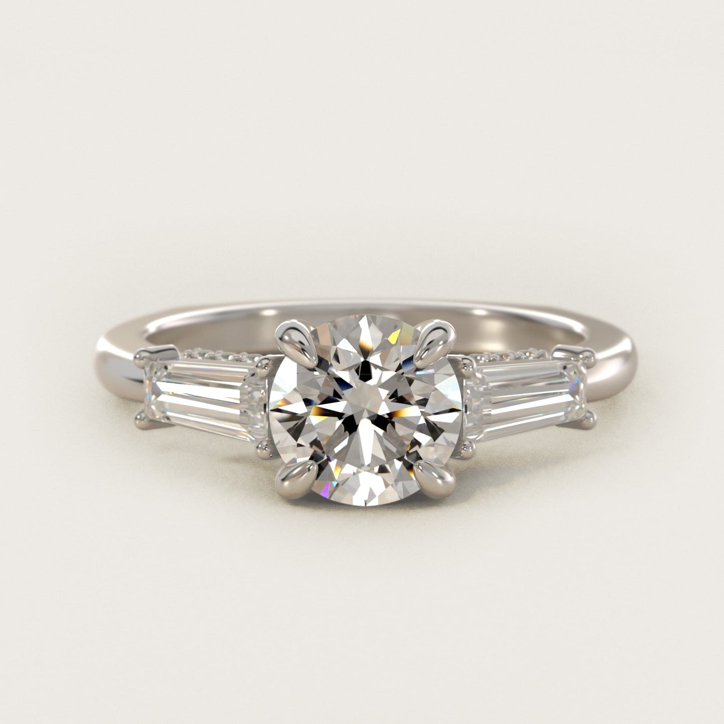 Tapered Baguette Three Stone Engagement Ring in 18K White Gold (1/2 ct. tw.) By Bella Vaughan - Round Center